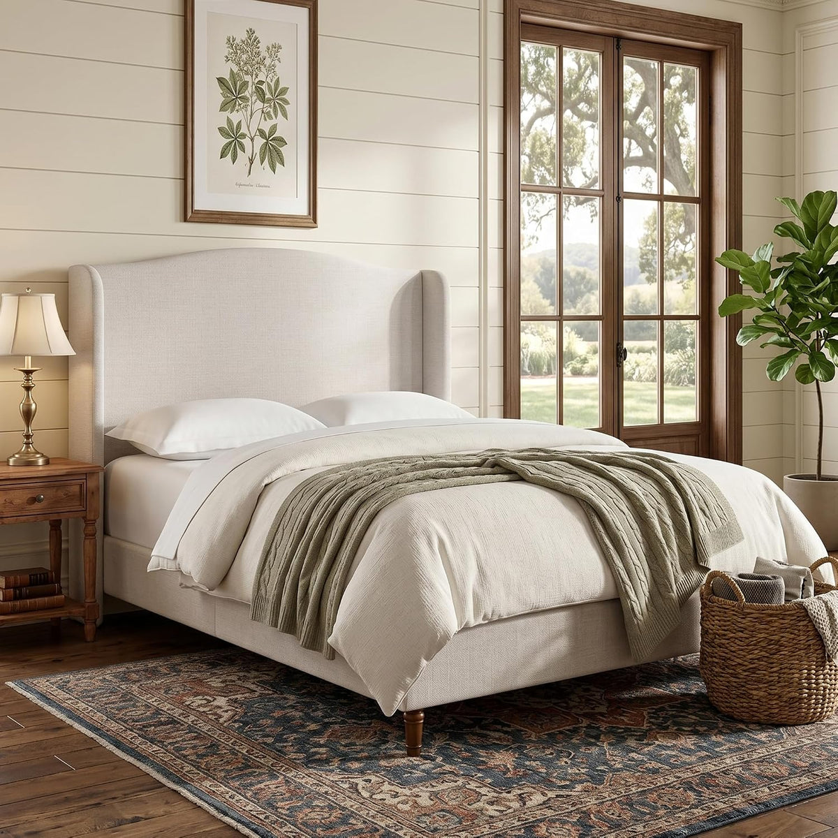 Upholstered Platform Wingback Bed Frame with 54" High Headboard, Solid Walnut Wood Feet, Sturdy Metal & Wood Slats (Chenille, Ivory White-R7902, Queen (U.S. Standard))