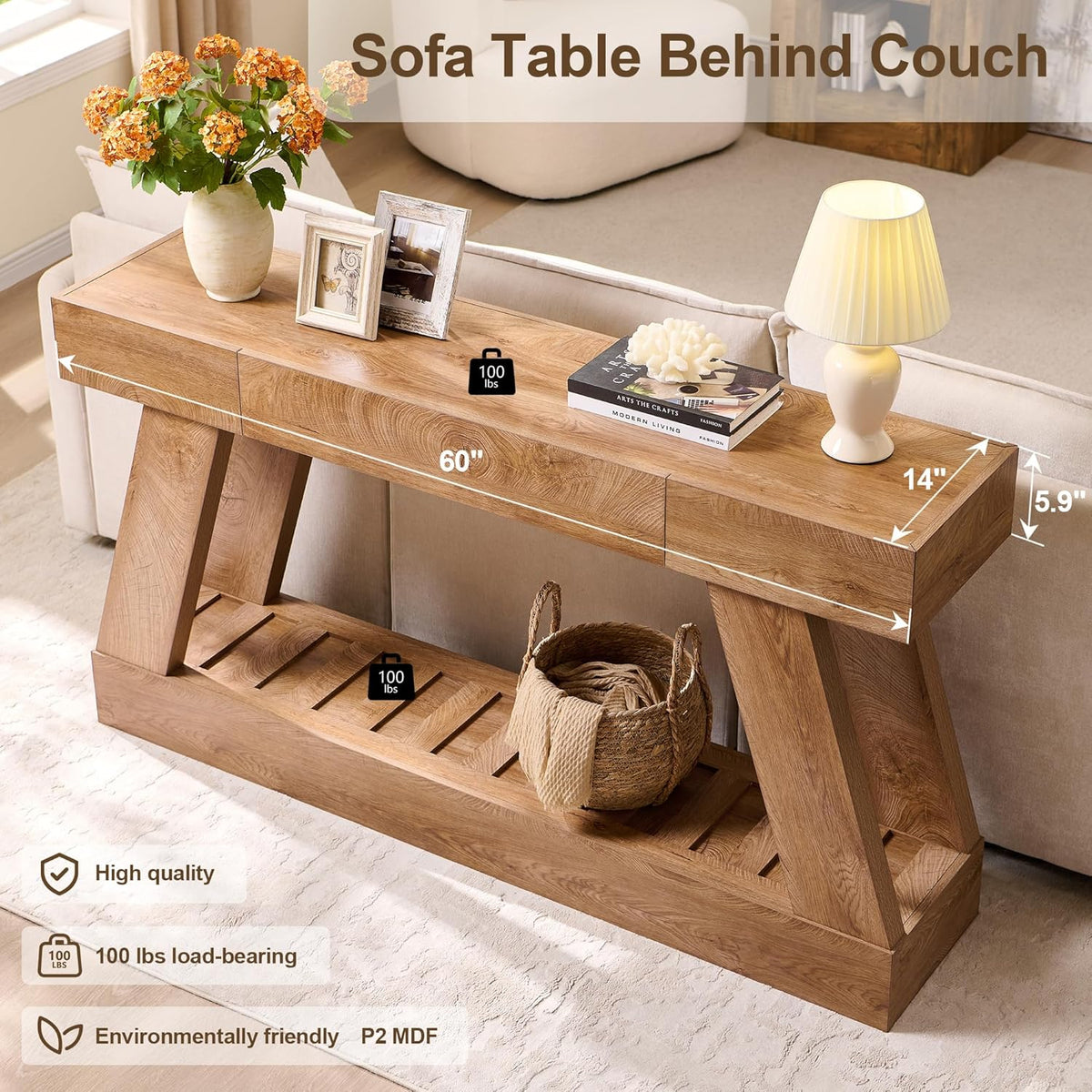 60" Farmhouse Entryway Table, Console Table with Drawer, Narrow Long Wood Sofa Table for Living Room, Wooden Hallway Foyer Table with Heavy Duty Base, Entry Table for Entrance(Light Knotty Oak)
