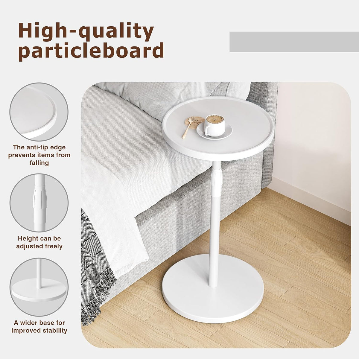 Adjustable Round Side Table, Small End Table, Pedestal Drink Table for Small Spaces, Tall Round Nightstand for Living Room Bedroom Sofa Couch, White ET-010WW