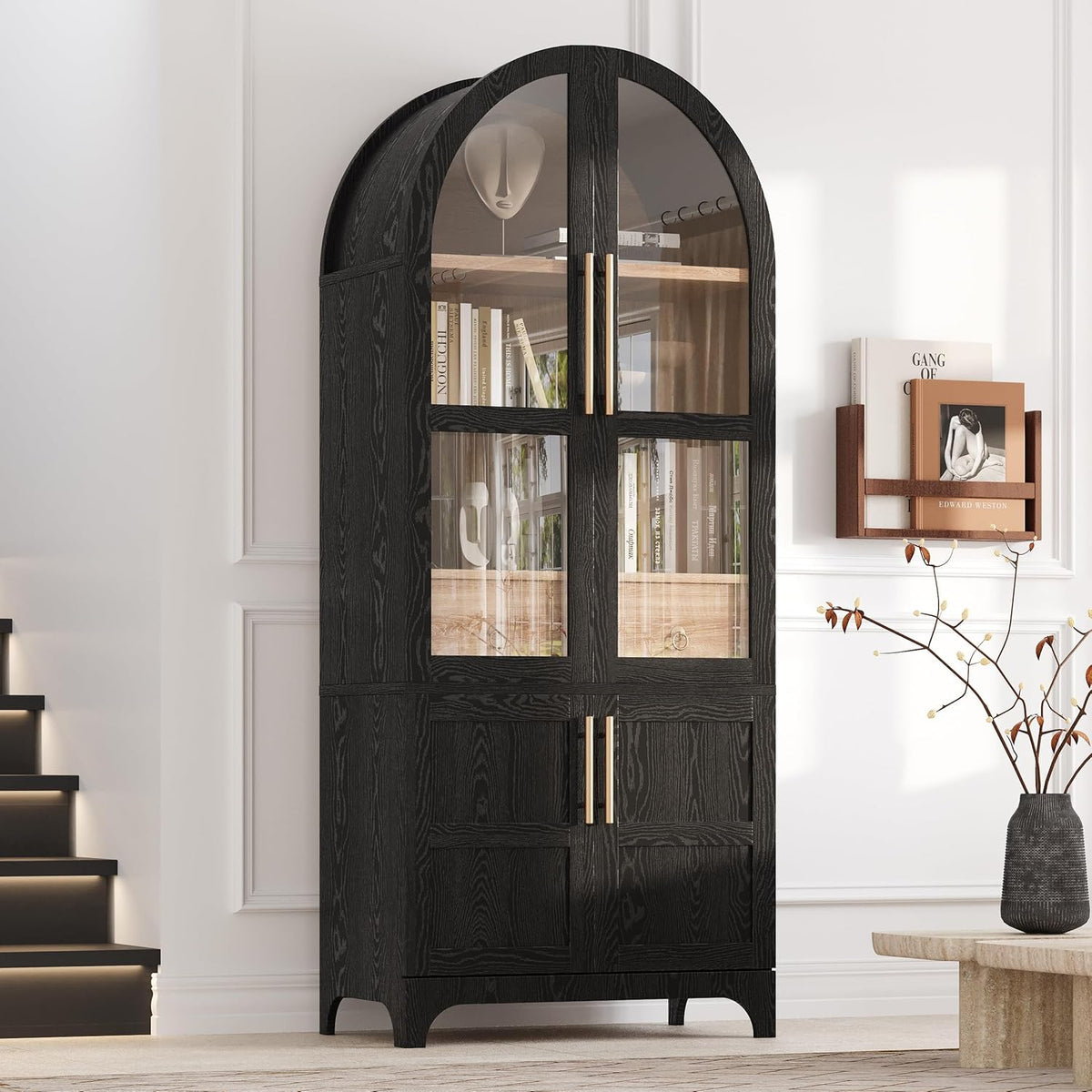 71'' Tall Arched Cabinet with Glass Doors, Farmhouse Kitchen Pantry Cabinet with Storage, China Cabinets with Adjustable Shelves, Hidden Drawer, Cupboard for Dining Room, Living Room (Black)