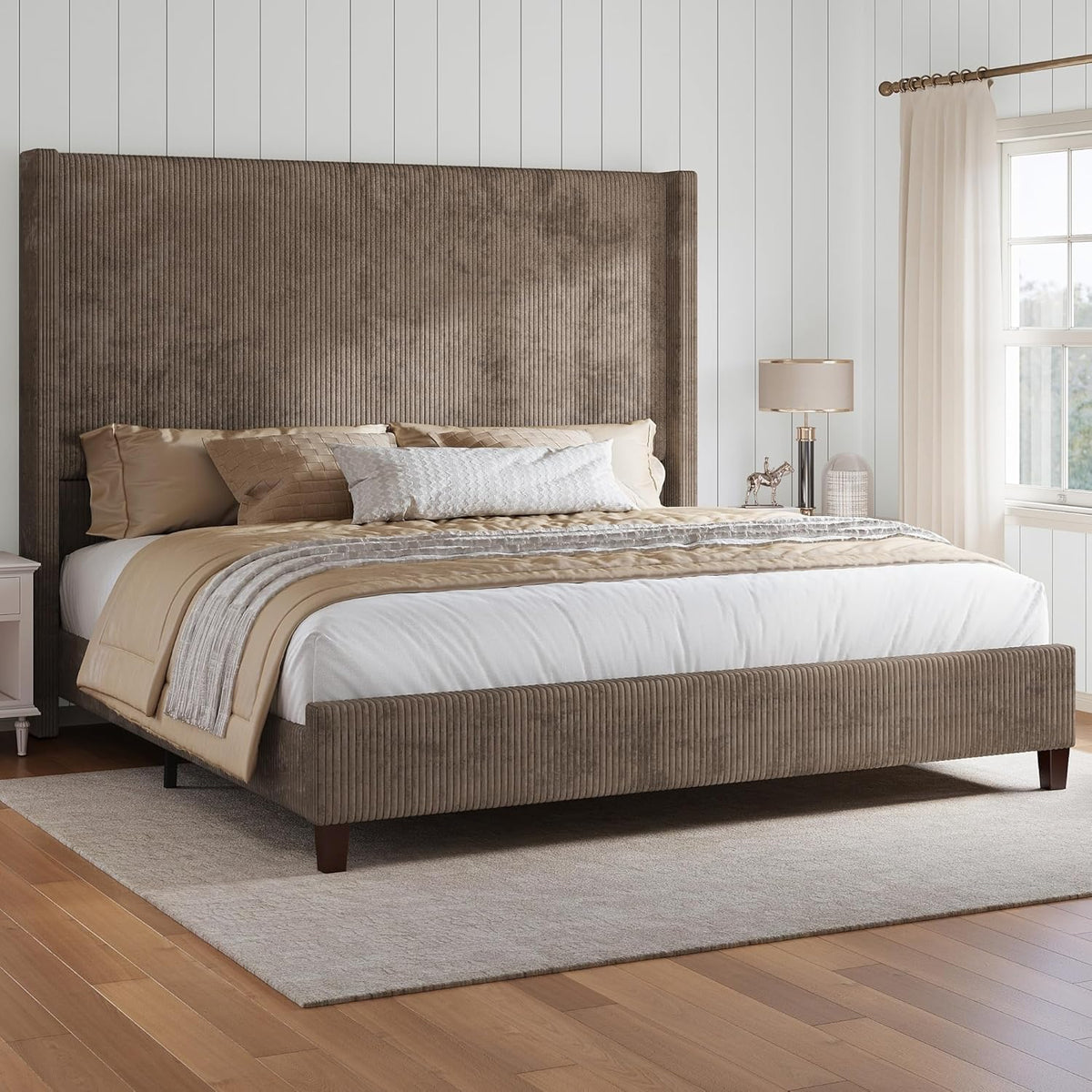 HOWE Upholstered Queen Bed Frame with 61" Tall Wingback Headboard, Chestnut