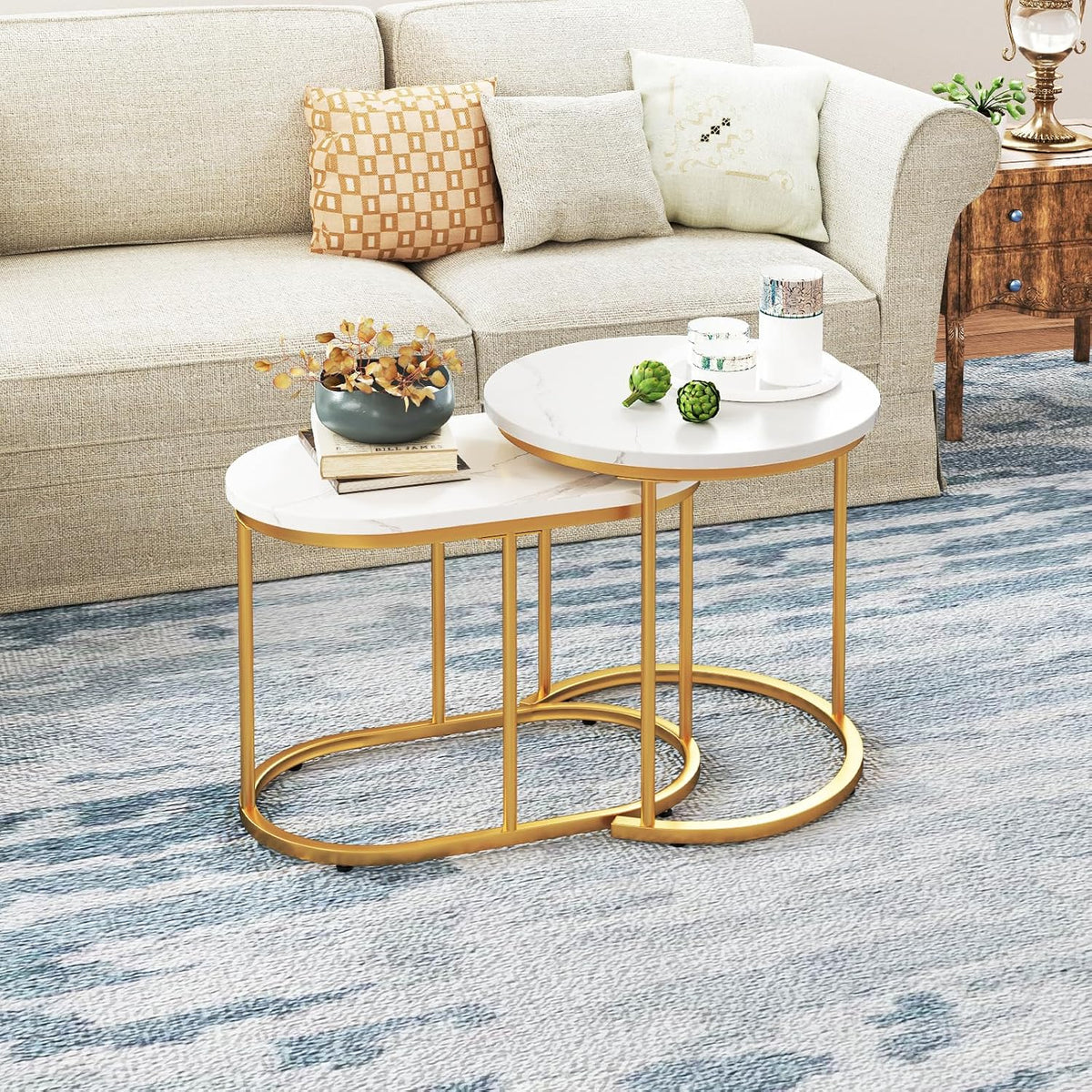 LDAILY Nesting Coffee Table Set with Marble-Look Top, 2-Piece | Golden Steel Frame, Easy Assembly, Accent Stacking Side Table, for Bedroom, Living Room, Apartment