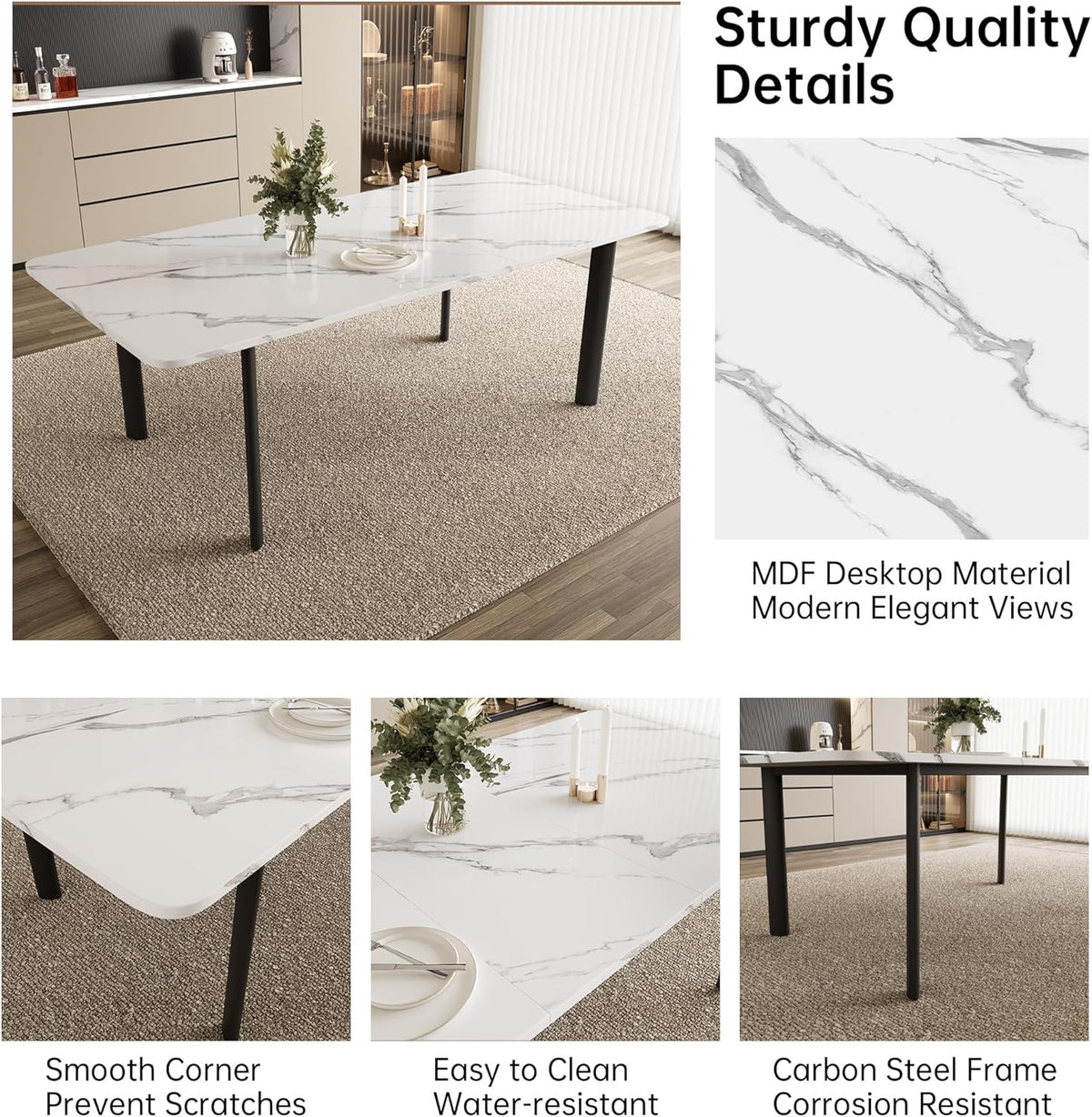 HIPIHOM Extendable Dining Table for 6-8 People, 63 to 78.7 Inch Rectangular Table, White MDF with Sturdy Metal Legs, Space-Saving for Dining Room, Kitchen, Small Spaces