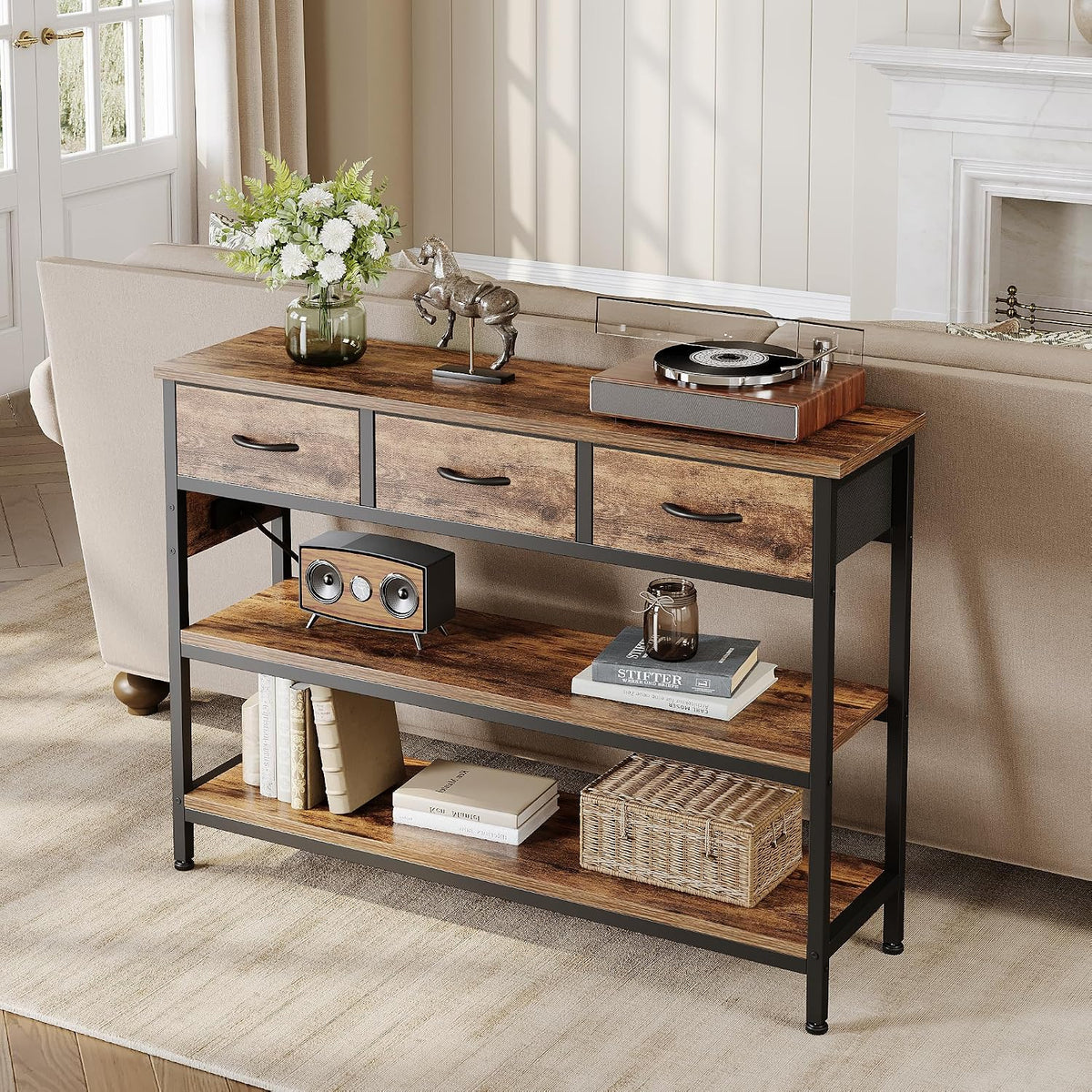 2 Pack Entryway Table with Outlets, 3 Fabric Drawers, 43in | 43.3"W x 11.8"D entry table with 2 outlets, 2 USB ports, swappable plug side, adjustable feet and anti-tip kit.