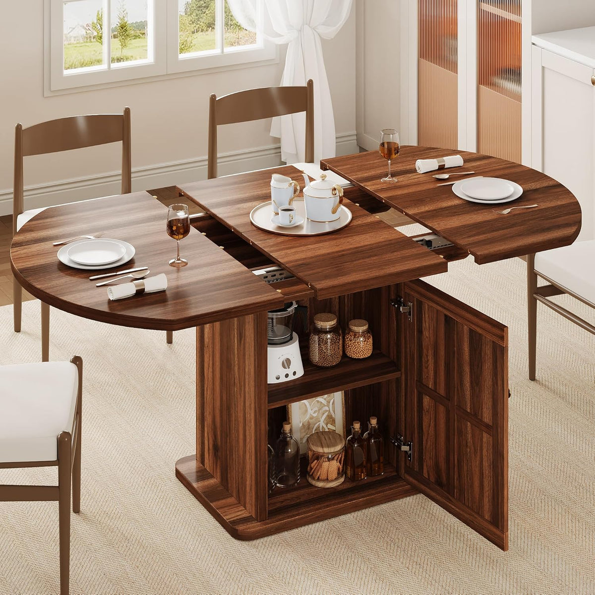 iPormis Round Dining Table for 4-6, 59'' Extendable Dining Room Kitchen Table with 2-Tier Storage Shelf, Wood Dinner Table with Door, Sturdy Pedestal Base, Space Saving, Kitchen, Dining, Walnut