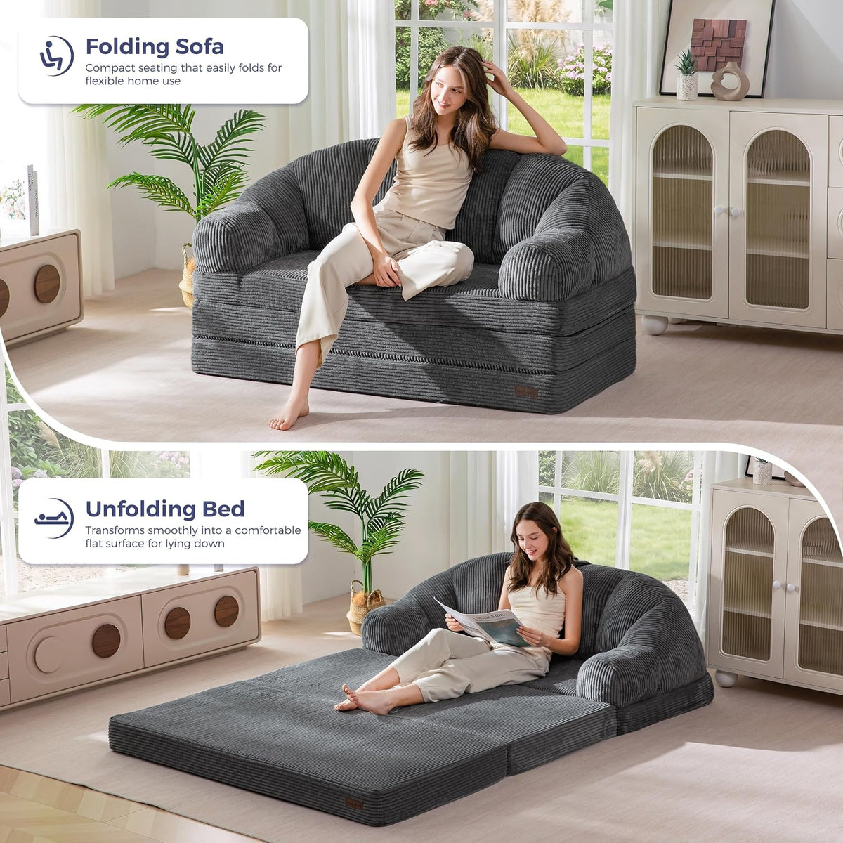 MAXYOYO Folding Sofa Bed with Backrest, Fold Out Couch with Handle | 2 in 1 Convertible Bean Bag Chair to Floor Sofa Lounger, Comfy Folding Couch for Bedroom & Living Room, Dark Grey, Loveseat