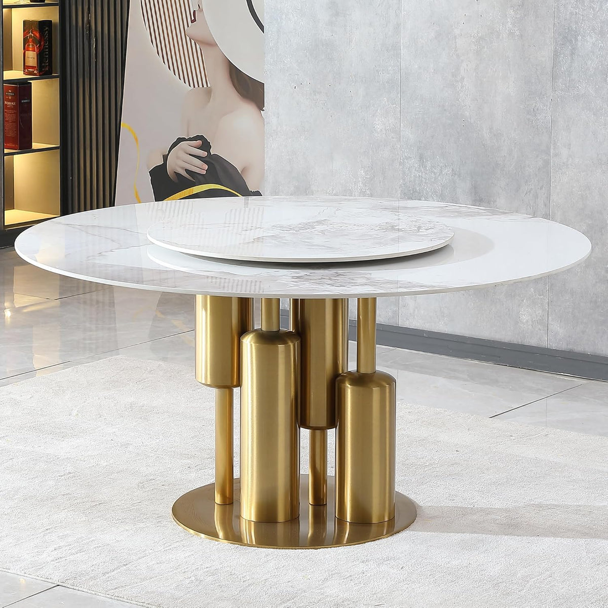 59" D Round Dining Table with 31.5" Detachable Lazy Susan, Modern Sintered Stone Dining Table for 8 Seat, Artificial Marble Dining Room Table Kitchen Table with Stainless Steel Base for Home