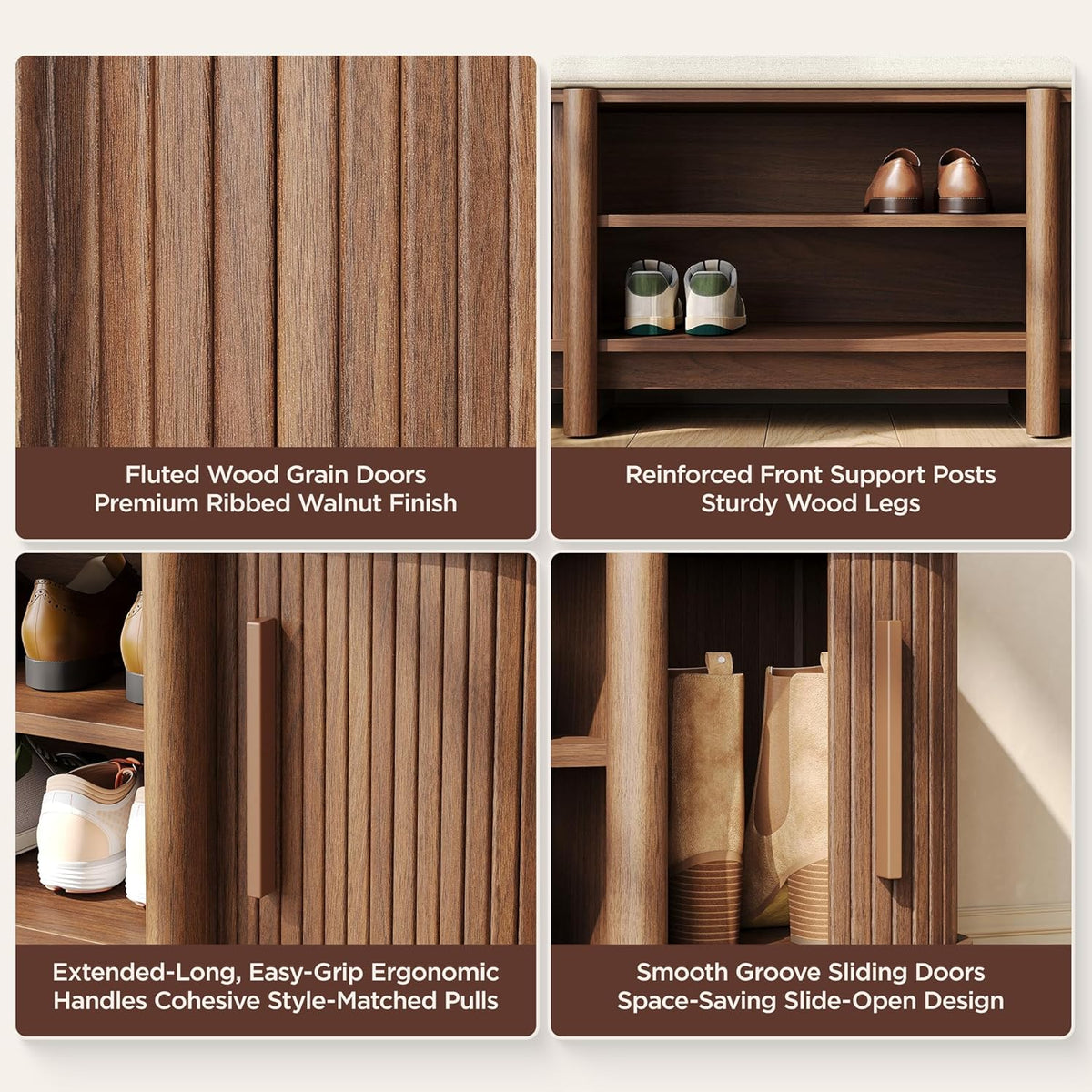 Maupvit Entryway Shoe Storage Bench with Sliding Doors, 2-Tier Upholstered Shoe Rack Bench with Hidden Storage, Wooden Shoe Organizer with Padded Cushion for Hallway, Mudroom, Bedroom, Walnut Finish