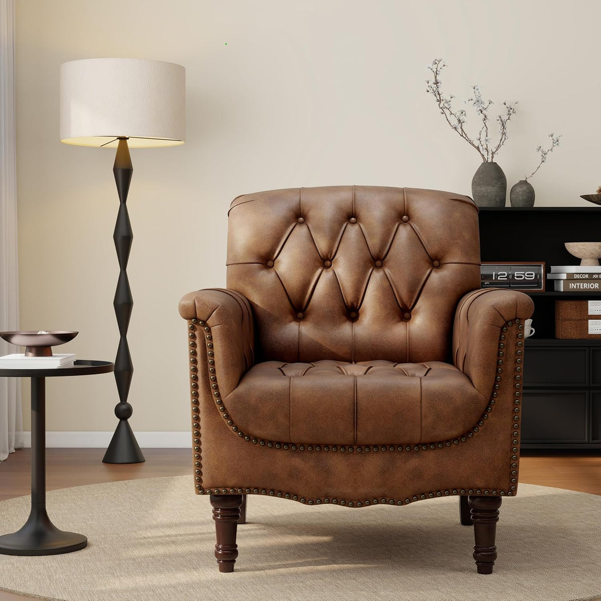 PU Leather Accent Chairs Set of 2, Comfy Club Chair Upholstered Armchair for Living Room, Button Tufted Arm Chair Retro Single Sofa Side Reading Seat for Bedroom (Brown)