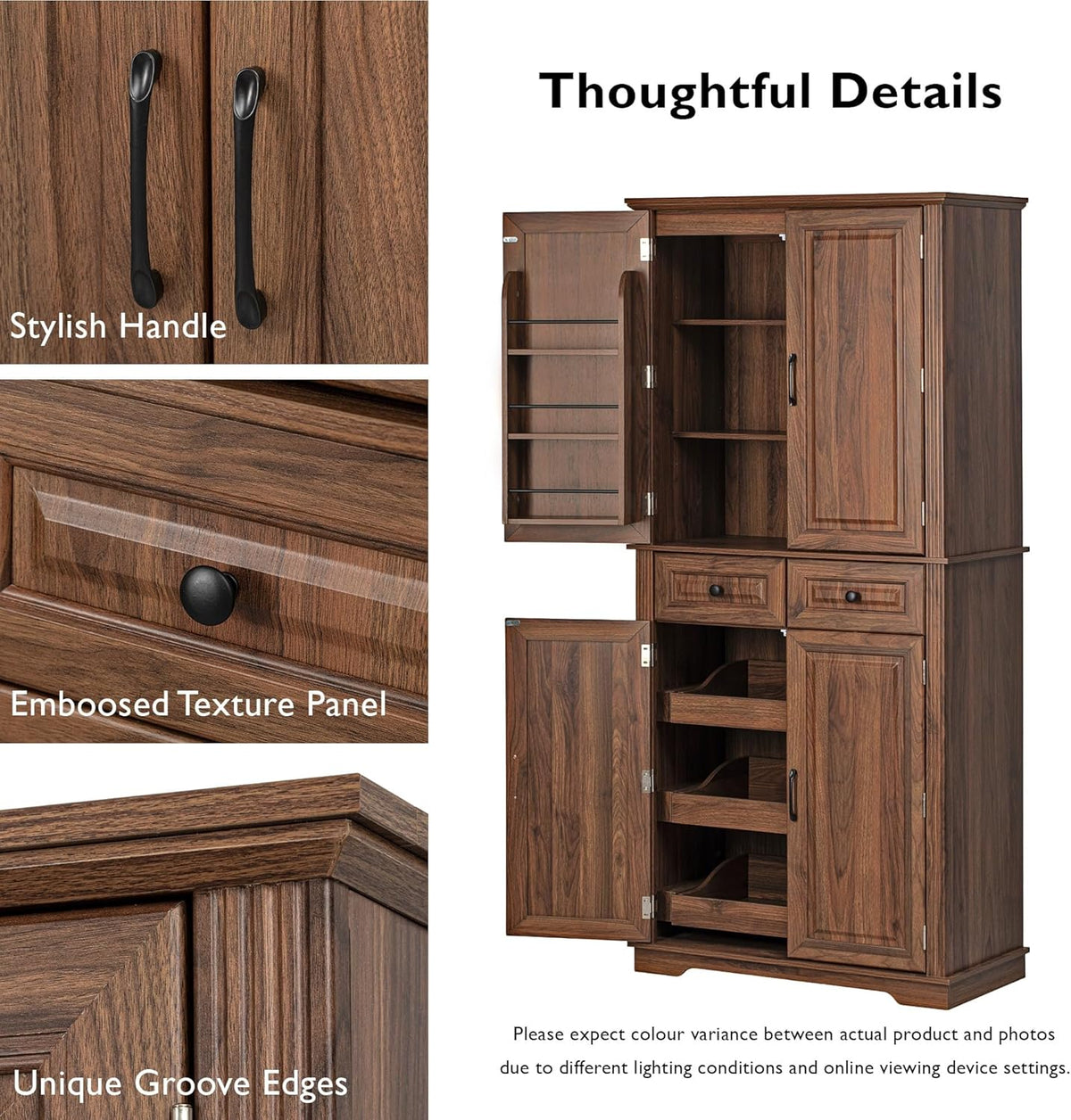Polibi 71.2" Tall Kitchen Pantry Hutch with 3 Pull Out Cabinet Organizers,Farmhouse Embossed Texture Storage Cabinet with 6 Door Shelves,2 Drawers,Freestanding Cupboard for Kitchen, Dining Room,Brown
