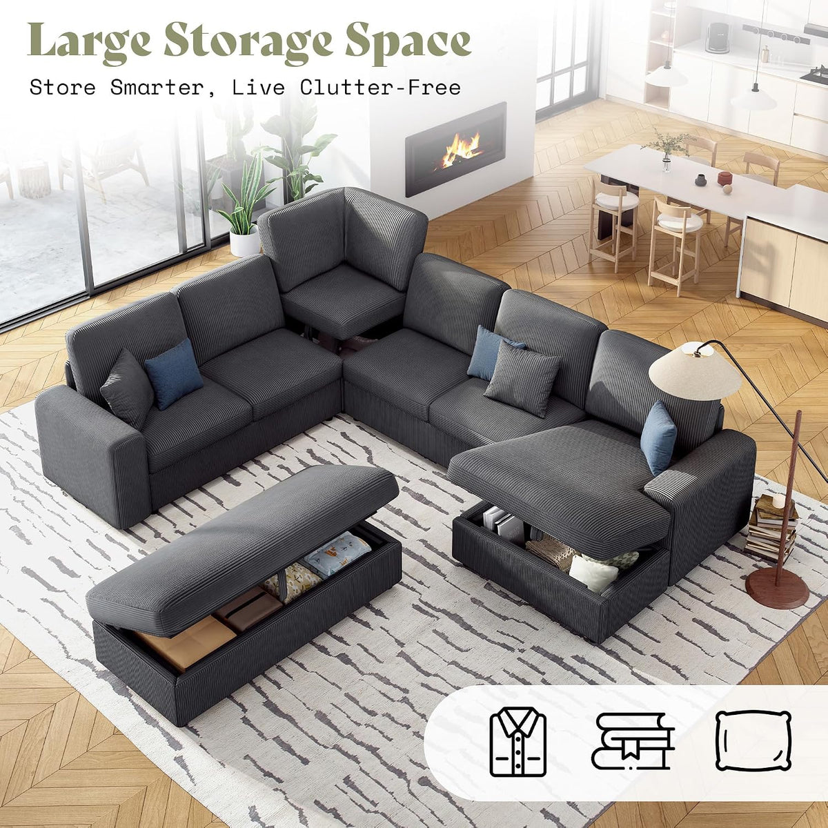 130" Sectional Couches for Living Room, Modular Sectional Sofa, Grey | Sofa Converts to Sleeper, Throw Pillows