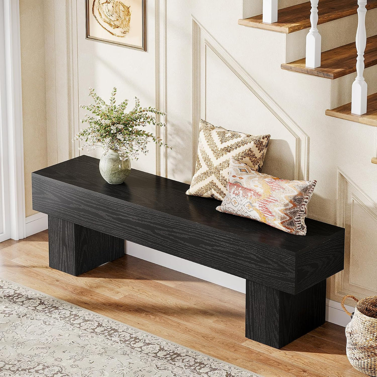 Tribesigns 63" Long Entryway Bench, Rustic Farmhouse End of Bed Bench, Wooden Shoe Bench Seat for Hallway, Living Room, End of Bed, Black