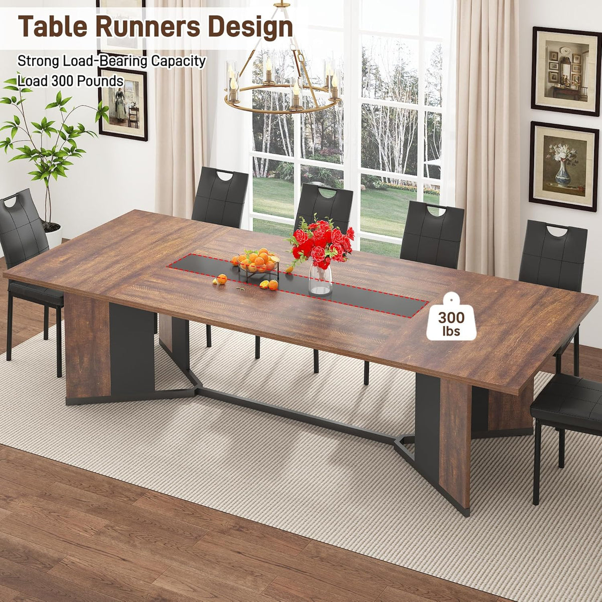 chartustriable Dining Table for 8-10 People,94" Large Modern Kitchen Table W/Built-in Table Runner Design,Brown&Black Industrial Rectangular Dinner Table,Waterproof Wood Table Sturdy Base,280lbs Load