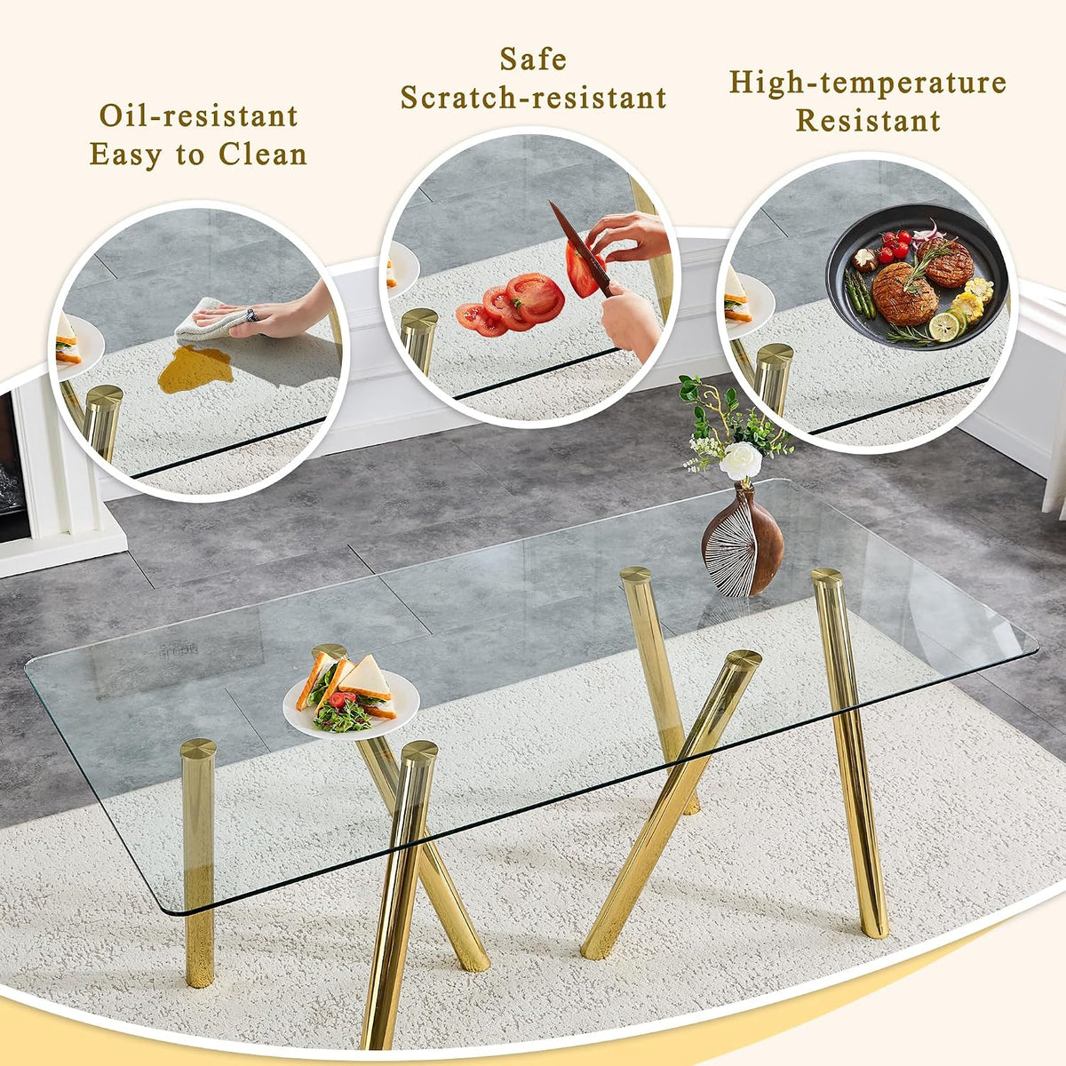 71" Glass Gold Dining Table for 6-8, Modern Dining Room Table with 0.39" Tempered Glass Top and 6 Metal Round Tube Legs, Rectangle Kitchen Dinner Table for Dining Room
