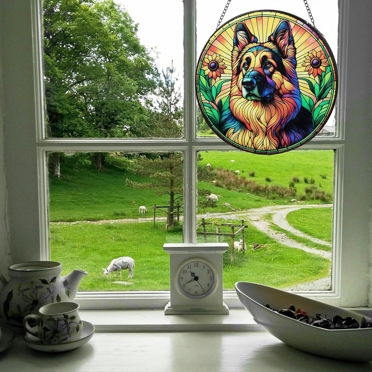 Stained Glass Dog Memorial Suncatcher,German Shepherd Window Hanging,Sympathy Gifts for Pet Loss,7.9 inch/20 cm Home and Garden Decor for Dog Lovers (German Shepherd)
