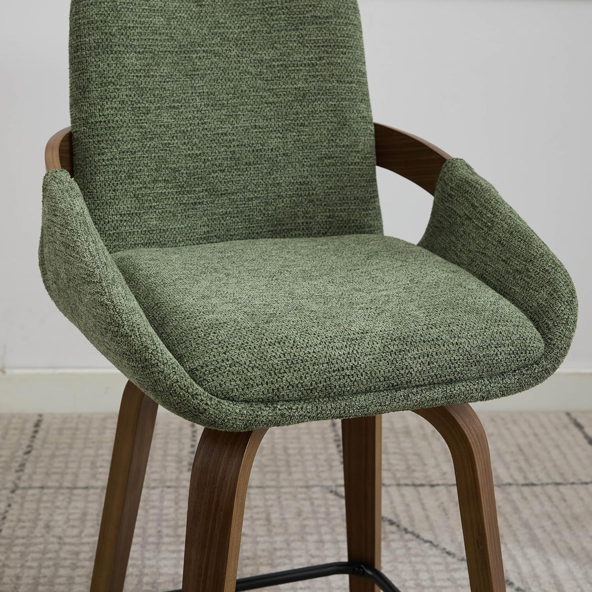 26" Swivel Counter Height Bar Stools Set of 3, Moss Green | Walnut Bentwood Back, Linen-Texture Fabric, Mid-Century Modern Style, 360° Swivel, 350 LBS Weight Capacity