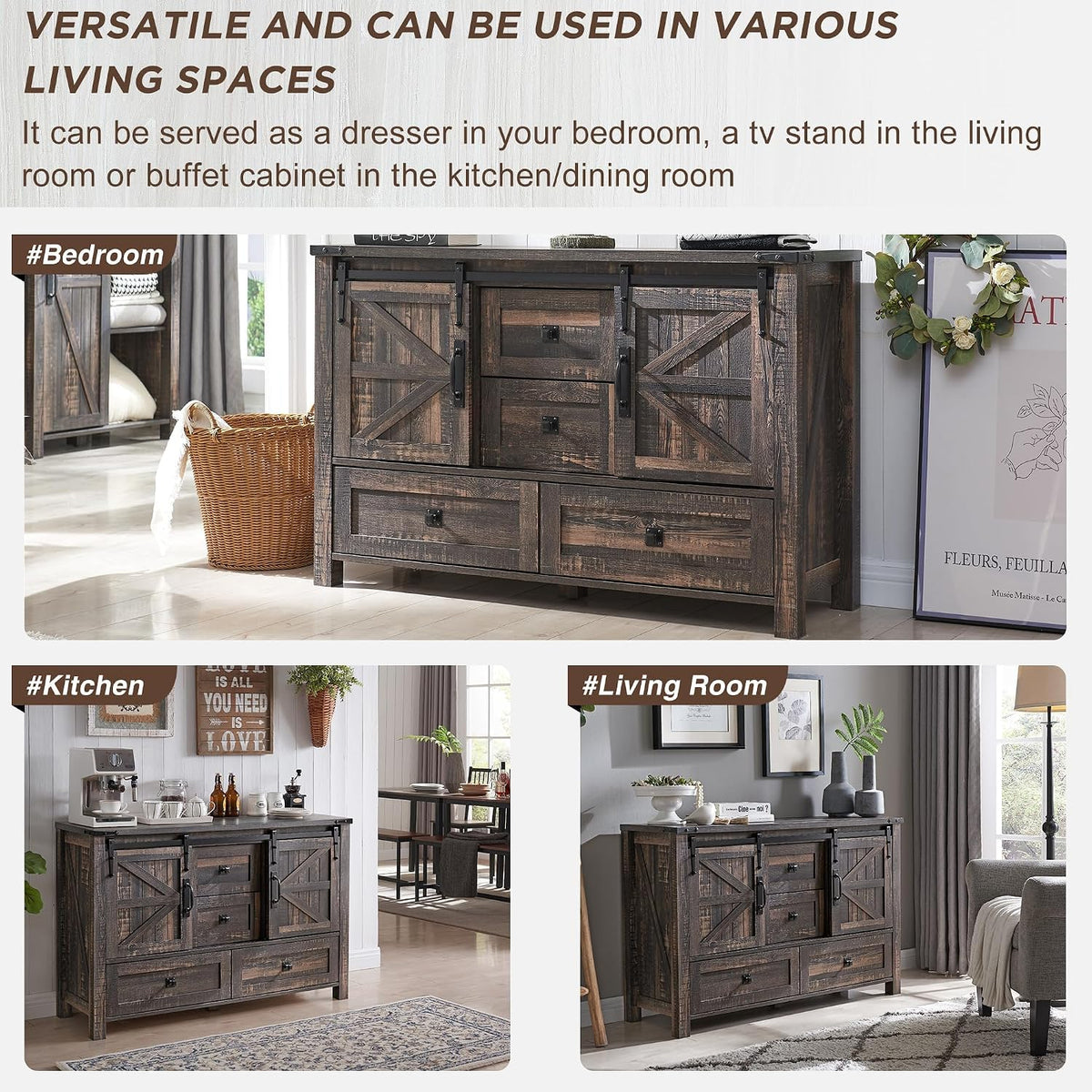 T4TREAM Farmhouse Sideboard Buffet Cabinet with Storage, 31.2'' Tall Kitchen Cabinet with 2 Sliding Barn Doors and 4 Drawers, Rustic Wood Coffee Bar Table for Dining Room, Dark Rustic Oak