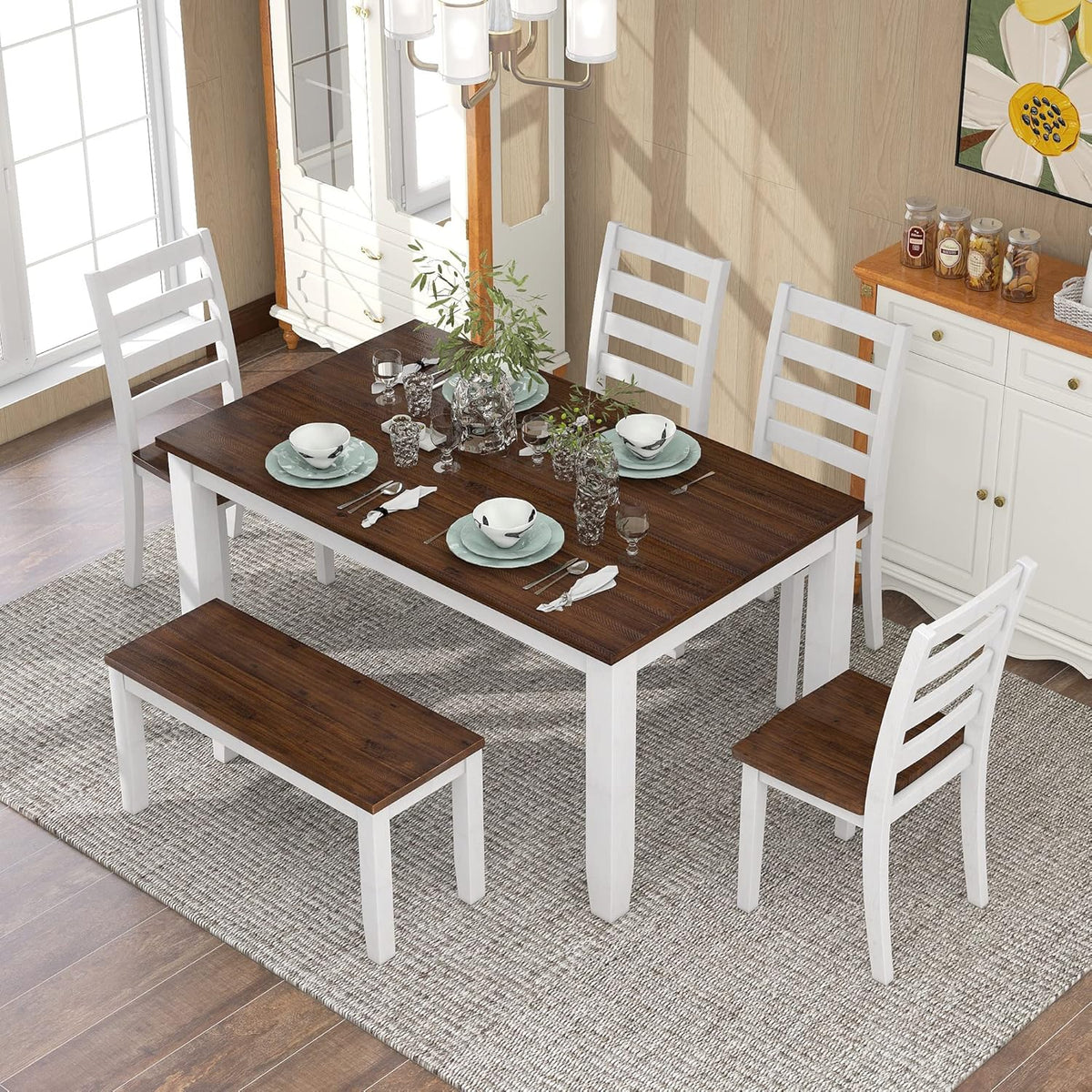 Harper & Bright Designs Rustic 6-Piece Dining Set with Table, 4 Chairs & Bench | Farmhouse Kitchen Table Set with Ergonomic Seating for Dining Room (Walnut + Cottage White)