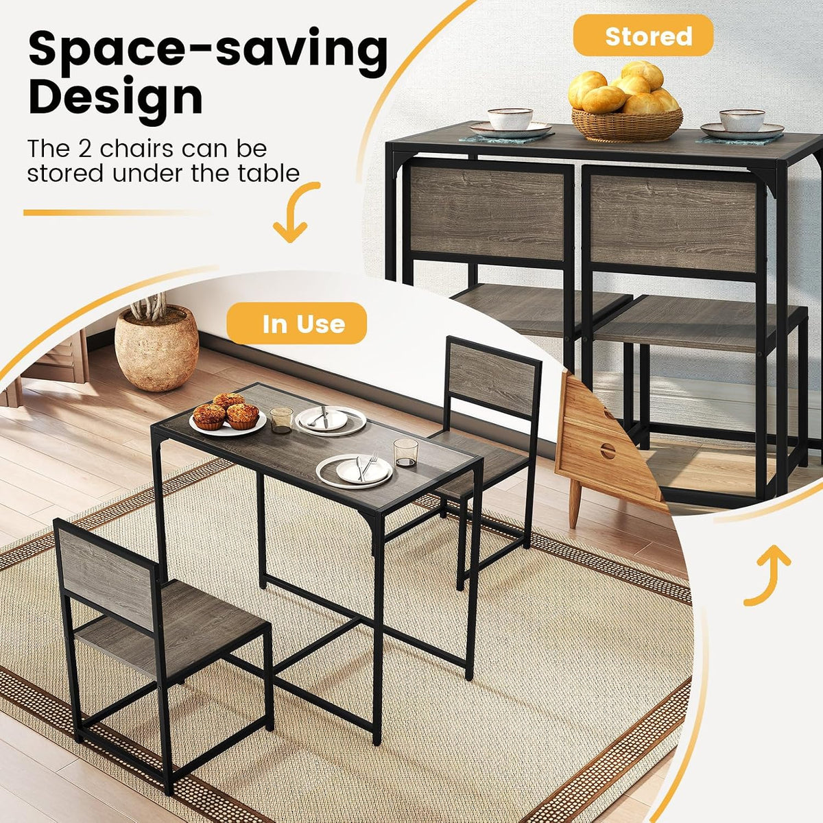 COSTWAY 3-Piece Small Dining Table Set for 2, Industrial Dinette Set with Sturdy Metal Frame & Wood Grain Tabletop, Space-Saving Kitchen Table and Chairs for Apartment, Small Spaces (Gray Oak)