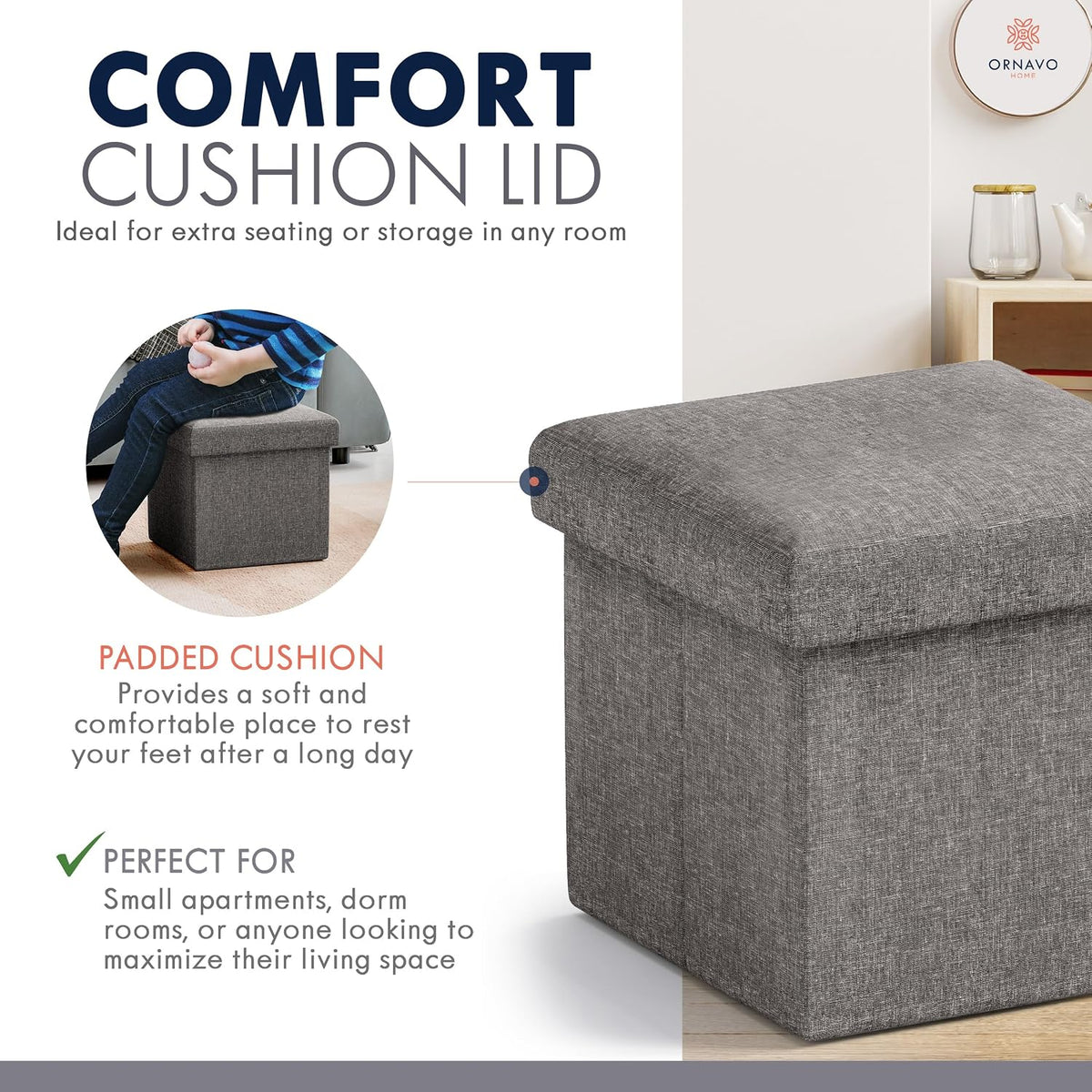 Ornavo Home Small Storage Ottoman Foldable Collapsible Cube Square Linen Ottoman Foot Rest Stool Seat, for Living Room, Bedroom, Home Office, Dorm - 12 x 12 x 12, Dark Gray