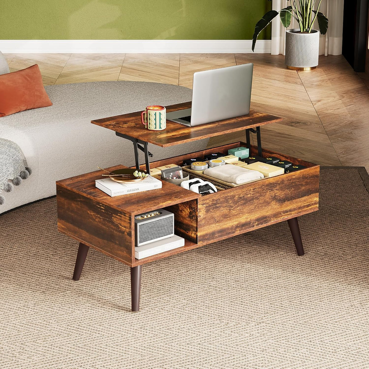 WLIVE Coffee Table with Storage & Lifting Top for Living Room, 21" Small Lift Top for Small Space Apartment, 31" Wooden Multifunctional Coffee & Dining Center Table for Home Office Work, Rustic Brown