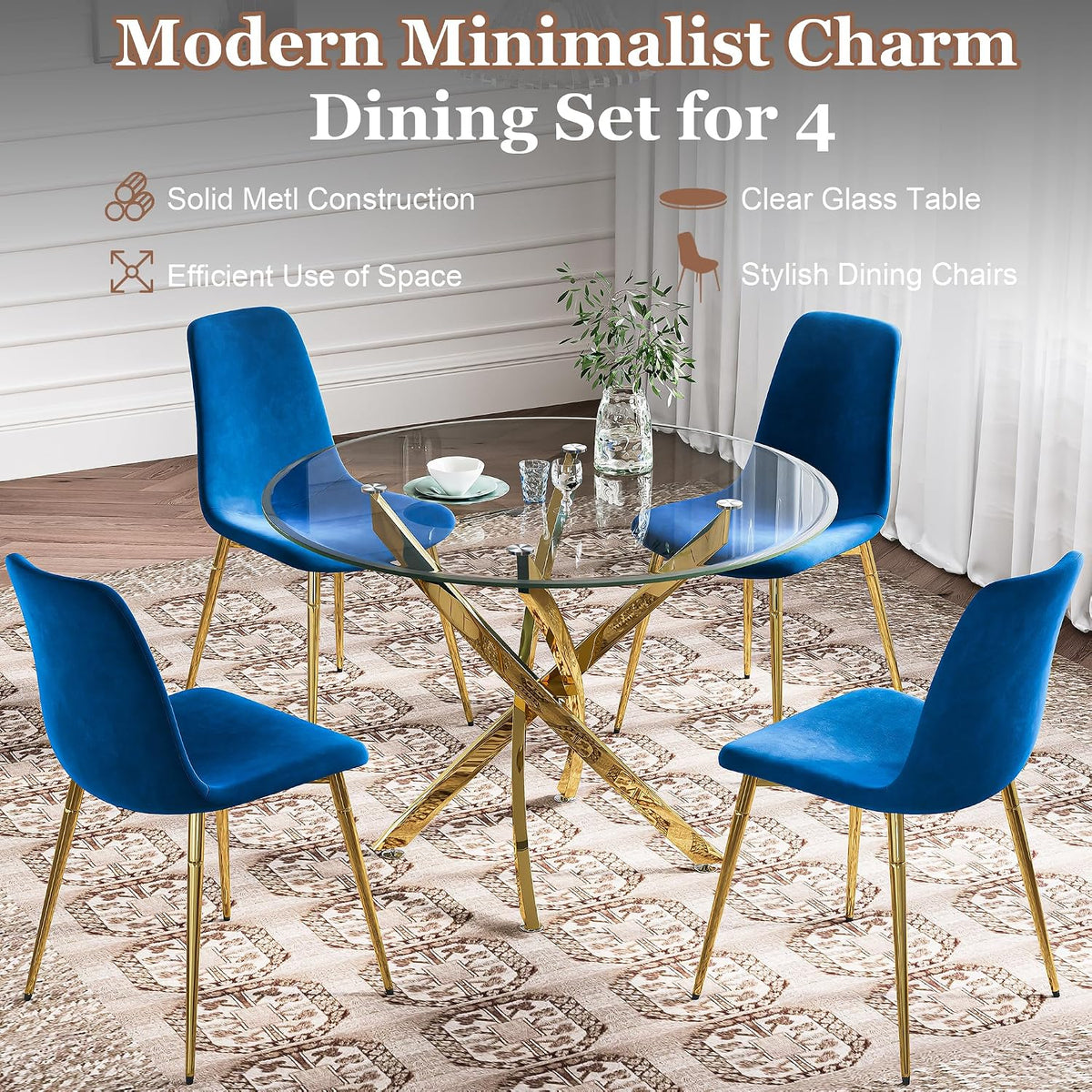 5-Piece Glass Dining Table Set, Modern Round Gold Dining Room Set with Tempered Glass Kitchen Table and 4 Blue Upholstered Chair for Apartment, Living Room