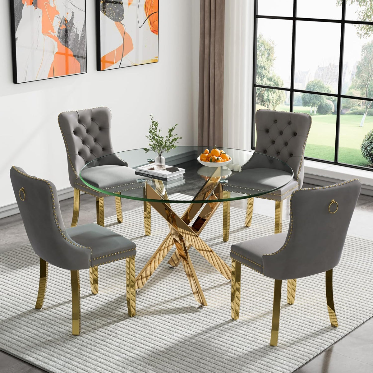 Round Glass Dining Table Set for 4, Small Kitchen Table Set for 4, 47" Circle Glass Dinner Table and Grey Velvet Chairs Set of 4,5 Piece Round Dining Room Table Set for Dinette Breakfast Cafe Party