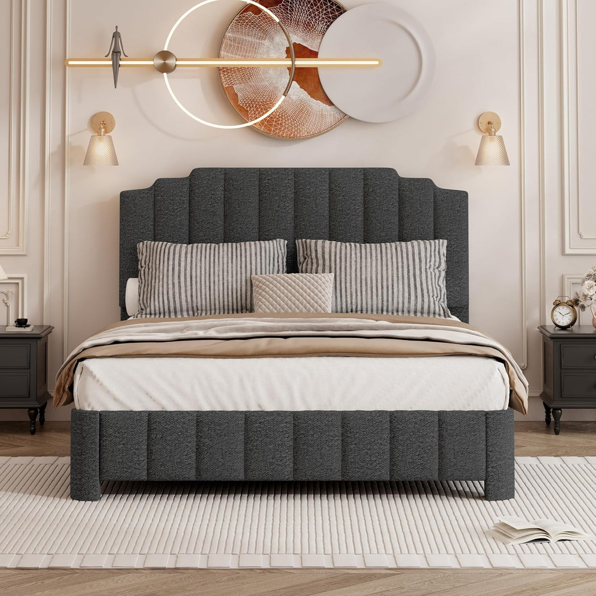 Queen Bed Frame with Adjustable Headboard, Boucle Queen Size Bed Frame