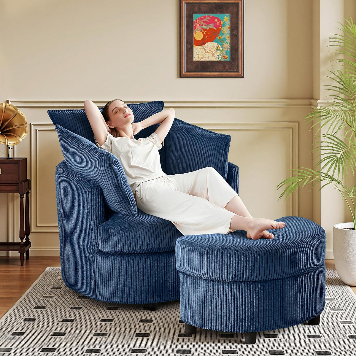 Vanity Accent Chair Swivel Living Room Chairs Curve Back Reading Chair with Armrest, Lounge Chair with Ottoman for Bedroom