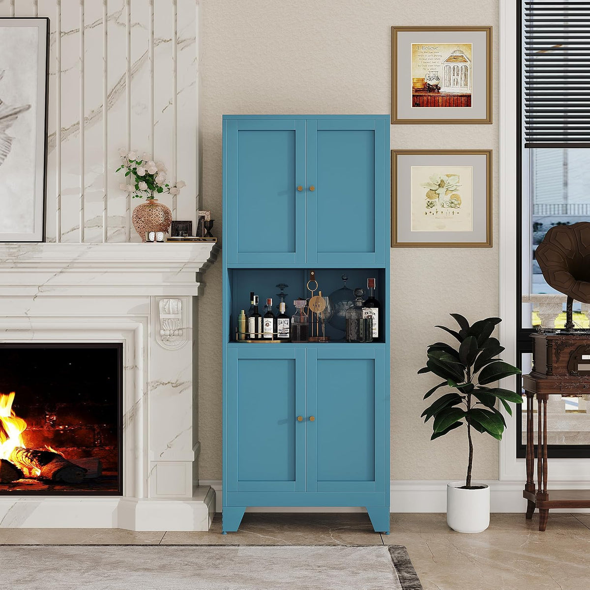 68.9'' Metal Pantry Cabinet, Kitchen Pantry Storage Cabinets with Doors and Microwave Shelf, Tall Freestanding Storage Cabinets with Anti-tip Design, for Dining Room Living Room Bathroom(Blue)