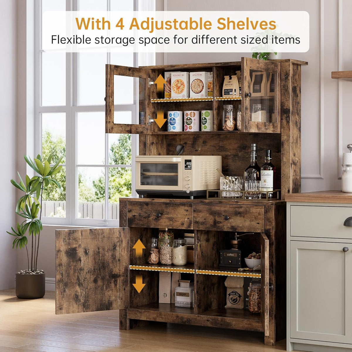 IDEALHOUSE 63" Kitchen Pantry Cabinet with Drawers, Hutch Cabinet with Storage, Microwave Stand, Adjustable Shelves, Freestanding Tall Pantry Storage for Dining Room, Living Room, Rustic Brown