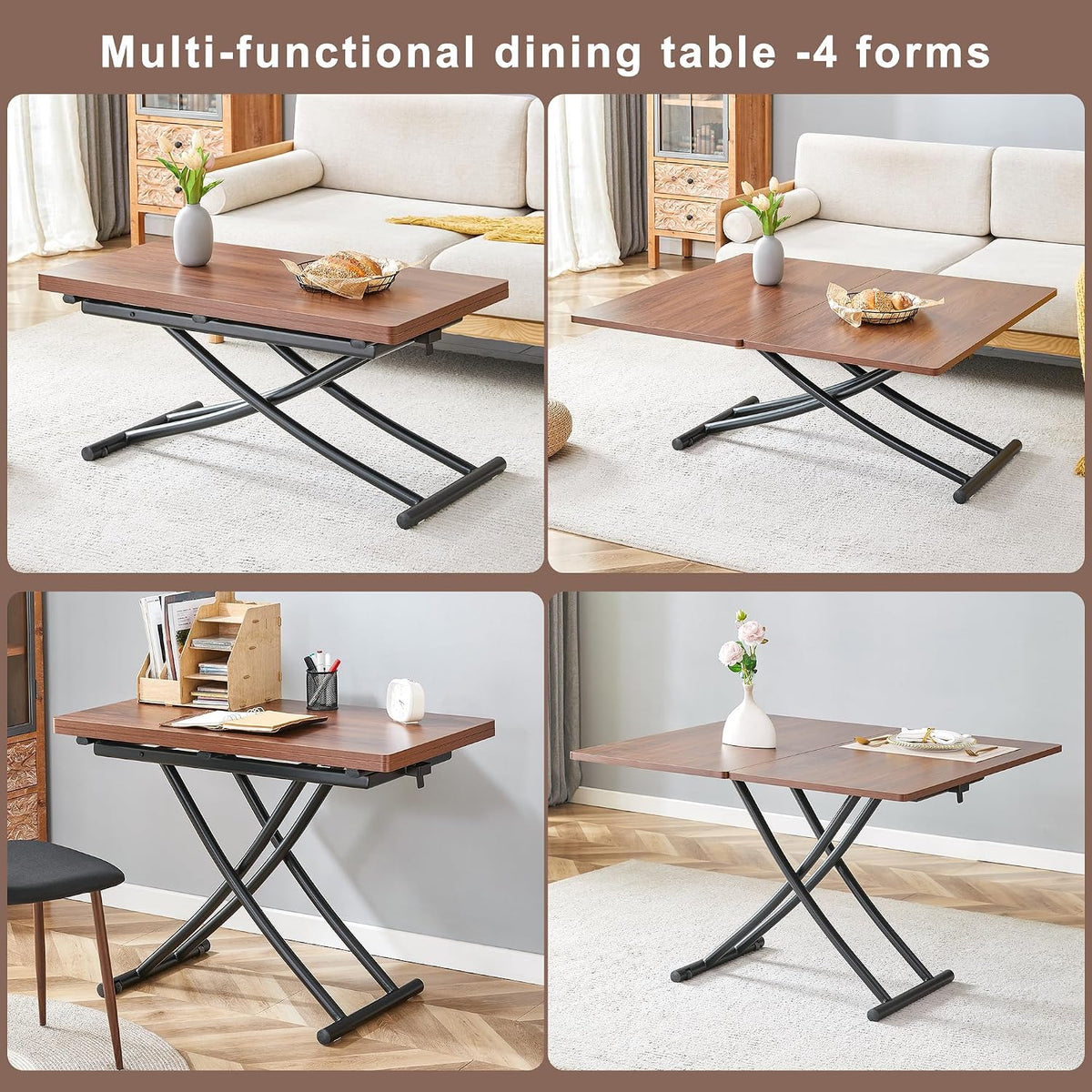 Space Saving Folding Dining Table, Adjustable Height Foldable Coffee Table with Wooden Tabletop and Metal Legs, Small Transformer Kitchen Table for Living Room, Dining Room, Apartment
