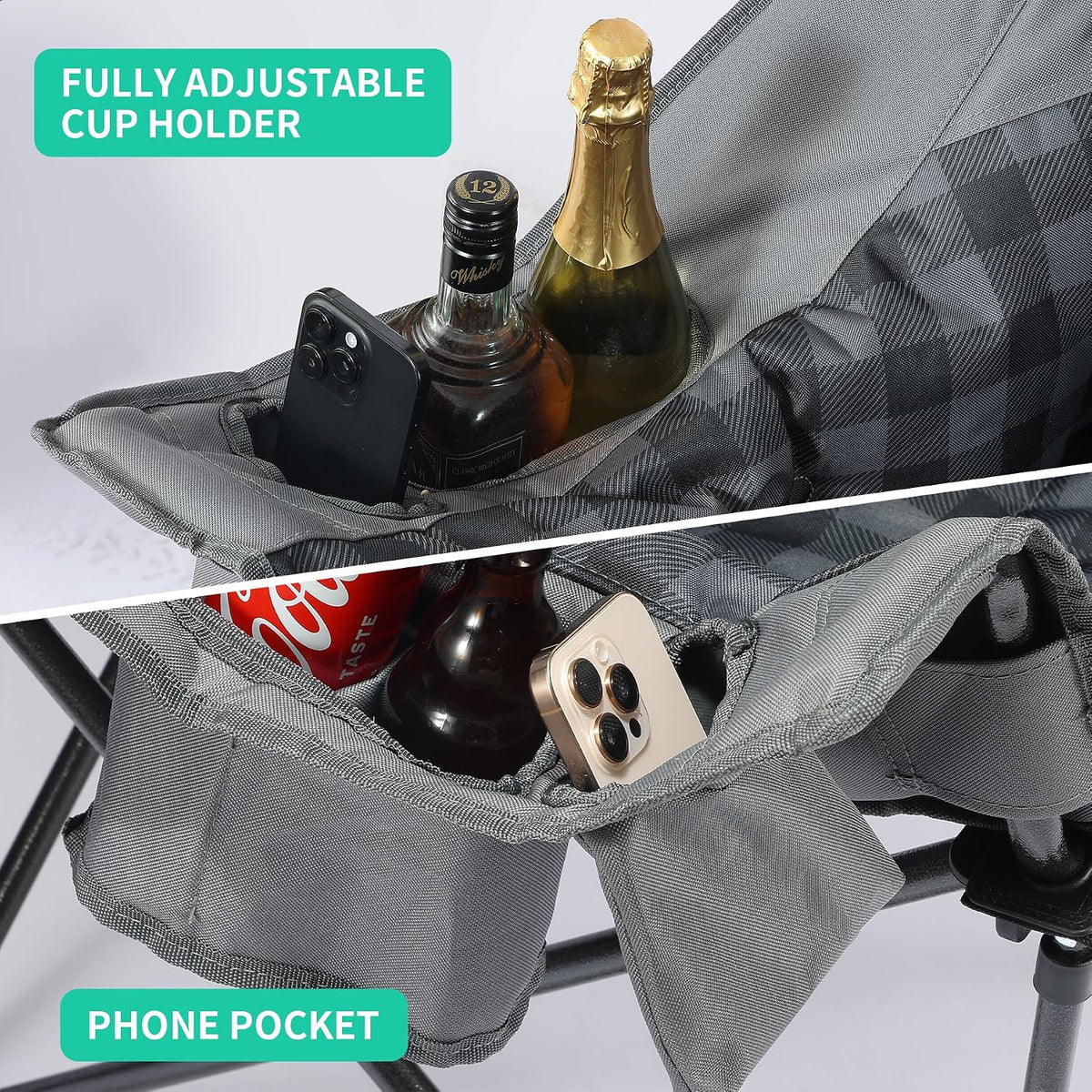 Oversized Double Camping Chair Heavy Duty Padded Double Folding Chair with Cup Holders & Carry Bag Foldable 2 Person Camping Chairs Outdoor Portable Couch for Lawn, Sports - Supports 900LBS Grey