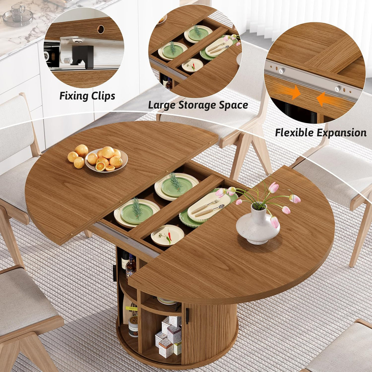 Vipbear Extendable Dining Table 43-59" for 4-6 People, Solid Wood Top with Fluted Slide Door & 8-Compartment Storage, Space Saving Round Dining Room Kitchen Dinner Tables with Pedestal Base (Walnut)
