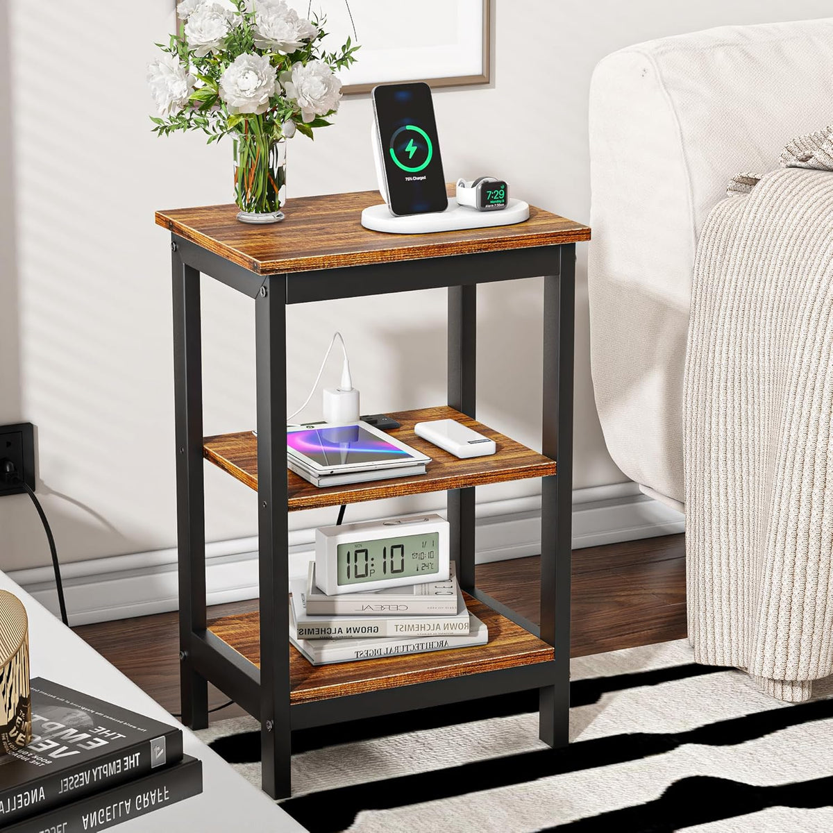 VECELO End Table with Charging Station and USB Ports, Small Wood Nightstand Modern Style, 24" Tall Living Room Side Table with 3-Tier Storage Shelves for Small Spaces, Office, Bedroom, Retro Brown