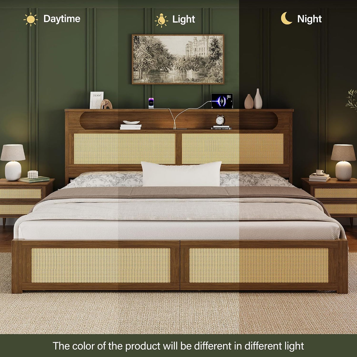Belffin King Size Rattan Bed Frame with 2 Storage Drawers, Wood Bed, Brown