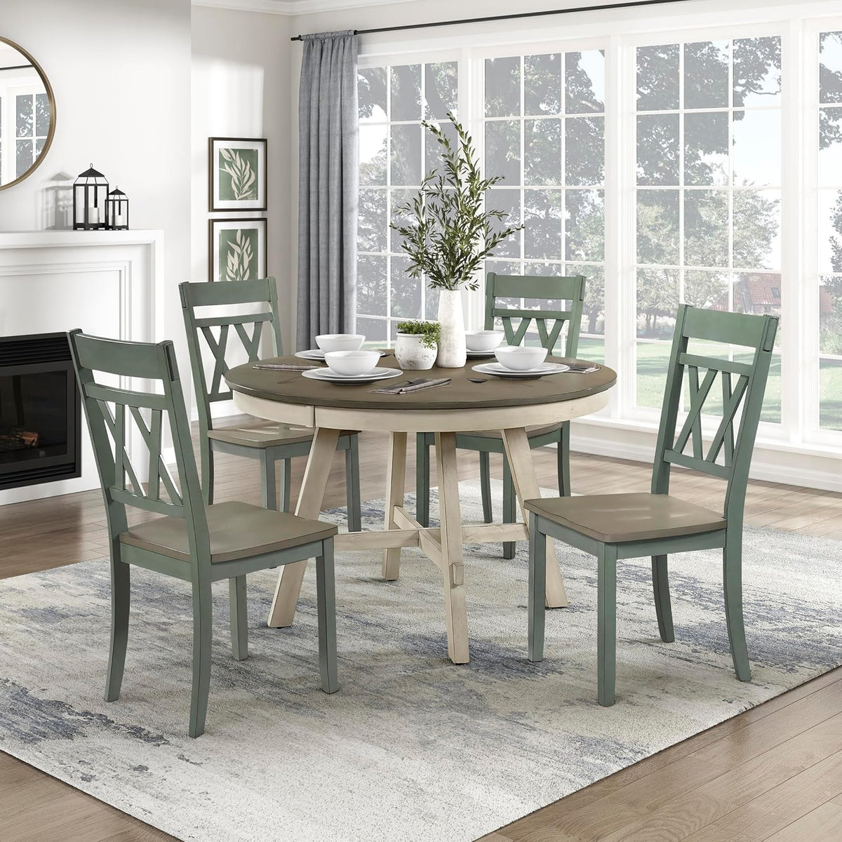 Lexicon Wood Dining Chair, Set of 2, Greywash/Antique Teal | Double Cross Back, Rustic Armless Chairs, Kitchen and Dining Room Furniture, Two-Tone Finish