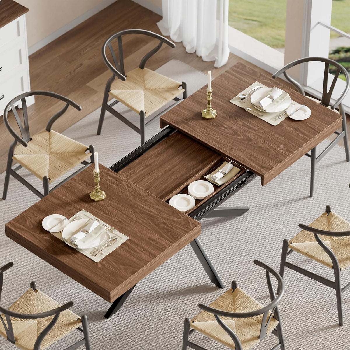 MECHYIN Extendable Dining Room Table for 4 6 8, 55"-70.9" Large Rectangle Kitchen Table,Wood Expandable Dining Table with Hidden Leaf & Storage, Space Saving, for Kitchen Dining Living Room, Walnut
