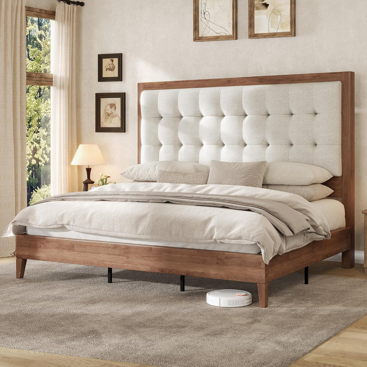 AMERLIFE Solid Wood Queen Bed Frame 50.2" Upholstered Headboard, Walnut