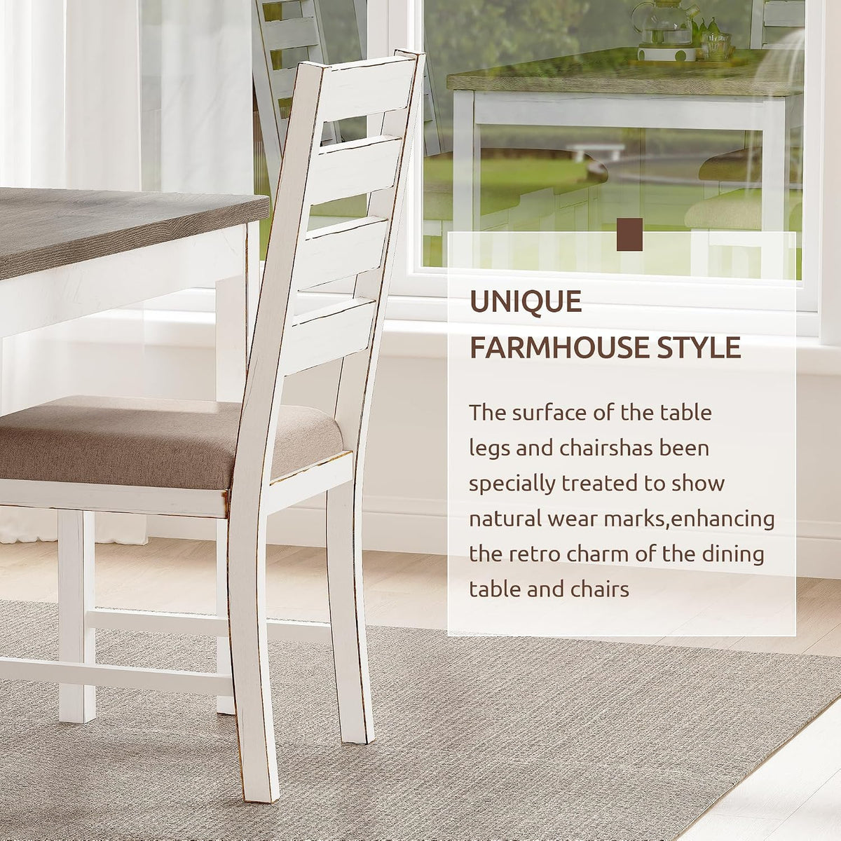 59" Dining Table Set Farmhouse Rectangular White Kitchen Room Table & Chairs Set Solid Wood Stable Space Saving Easy Clean (1 Bench& 4 Chairs)