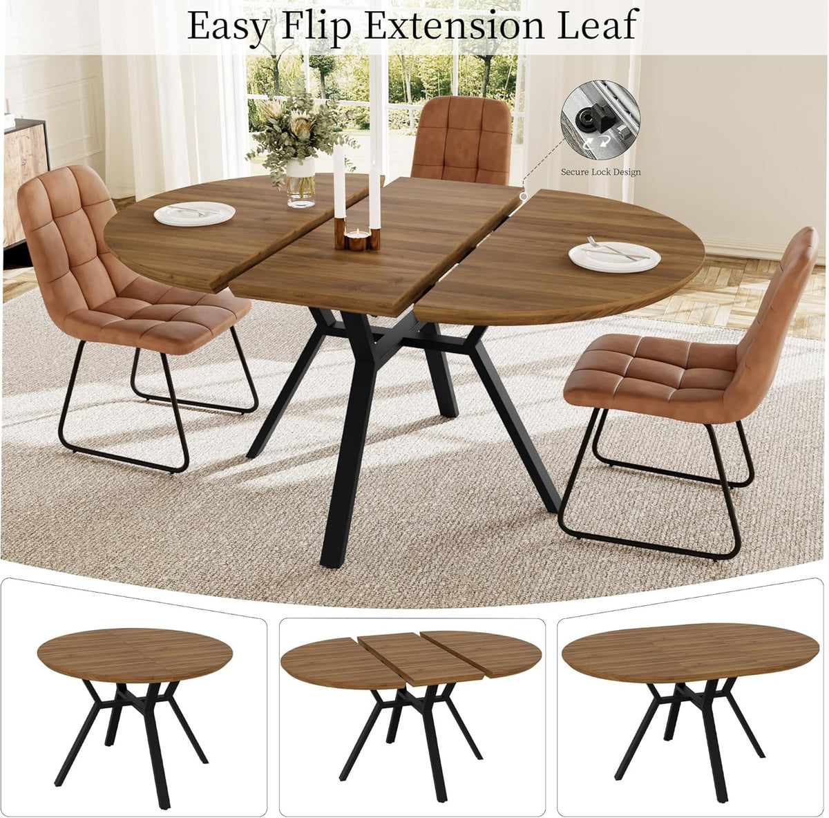 HIPIHOM Extendable Round Dining Table Set for 6 People, 43.3"-59.1" Extendable Kitchen Table with 6 Upholstered Chairs, Space Saving for Kitchen Dining Room (Walnut Table+6 U-Shaped Brown Chairs)