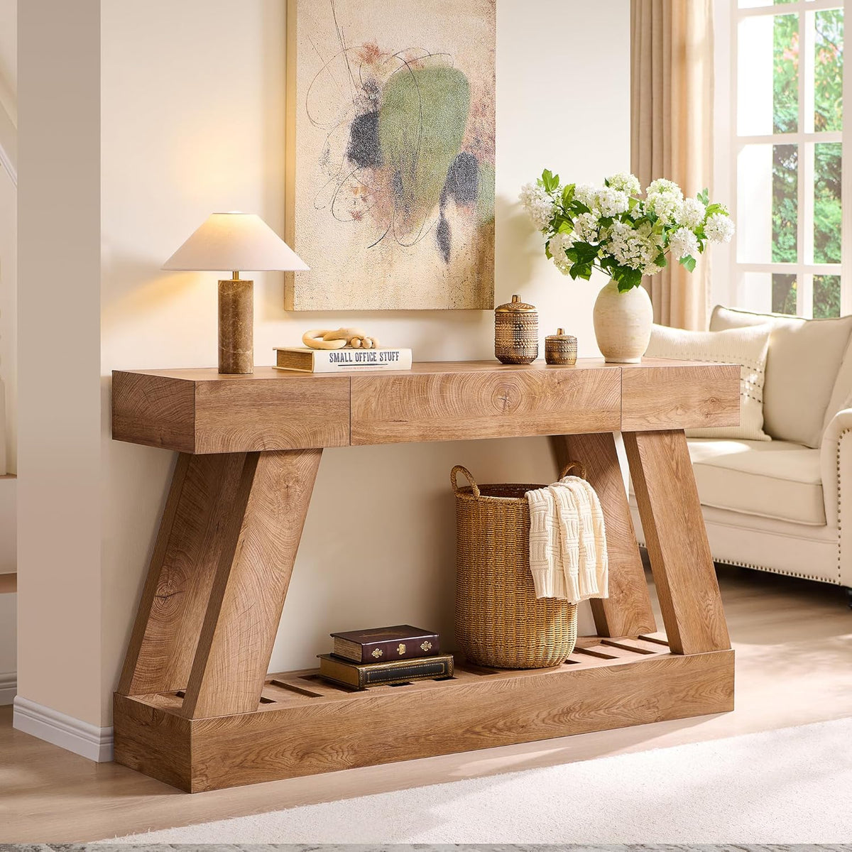 60" Farmhouse Entryway Table, Console Table with Drawer, Narrow Long Wood Sofa Table for Living Room, Wooden Hallway Foyer Table with Heavy Duty Base, Entry Table for Entrance(Light Knotty Oak)