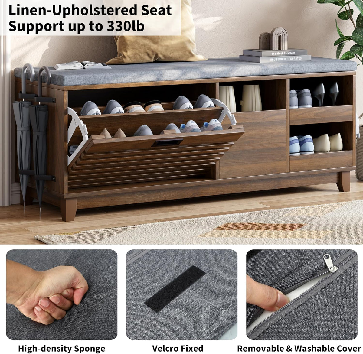 Loomie 47.2" Shoe Storage Bench with Flip Drawer, 2-Tier Entryway Bench with Padded Seat Cushion & 2 Pull-out Shelves & Semi-open storage, Shoe Rack Bench with Side Holder for Hallway,Bedroom (Walnut)