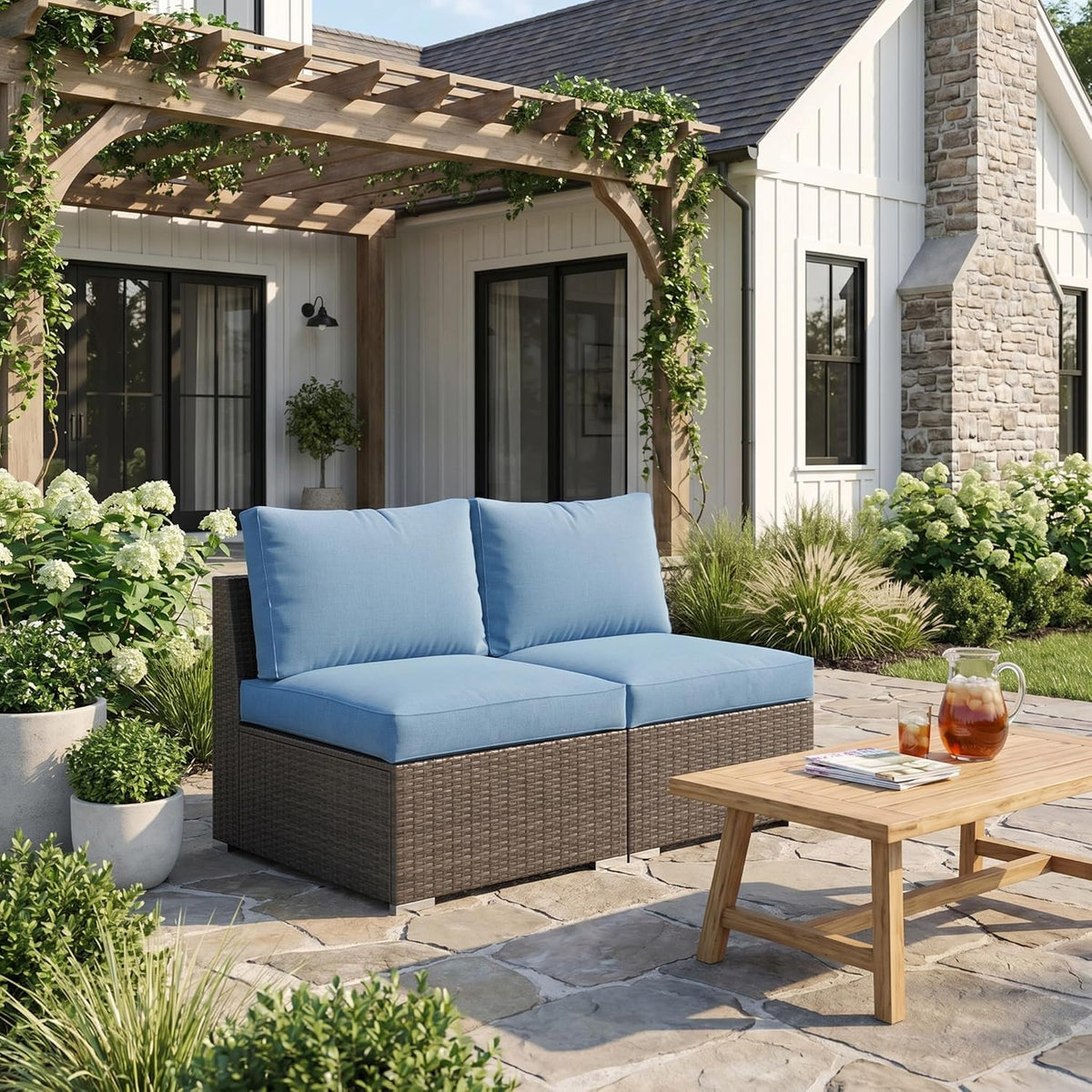 Wisteria Lane Outdoor Sofa, 2 Pieces Wicker Patio Furniture Set with Washable Cushions, Armless Patio Sectional for All-Weather, Oversized Outside Furniture for Garden, Poolside, Backyard, Light Blue