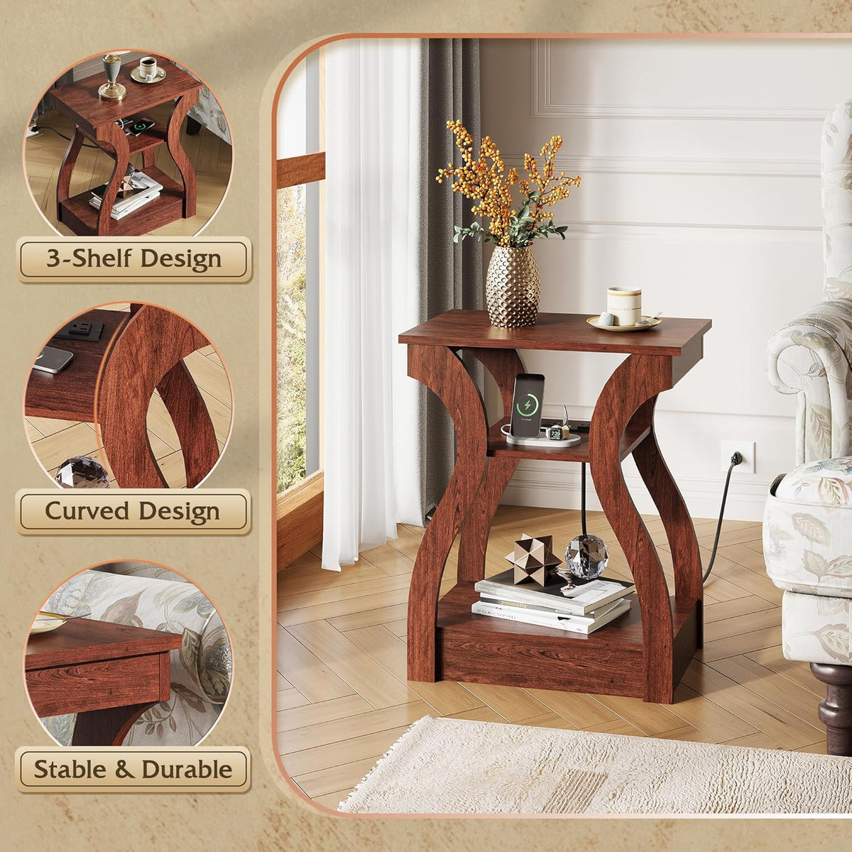 WLIVE End Tables Living Room Set of 2, Cherry Side Tables with Charging Station, Nightstand for Bedroom, 3 Tier End Table with Storage Shelf, Side Table Set of 2 for Living Room, Cherry
