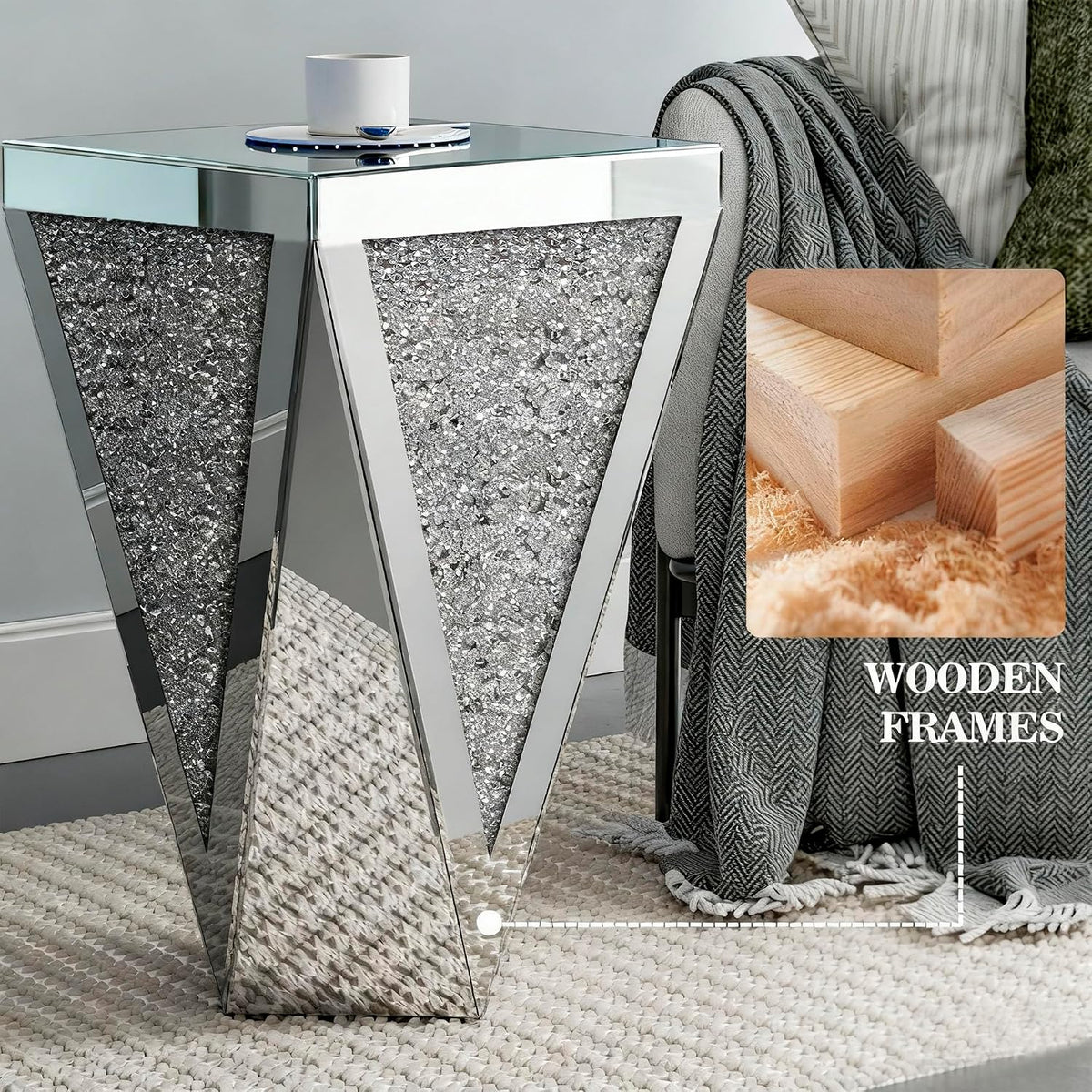 IKIFLY Mirrored Nightstand with Large Square Tabletop, Silver End Table with Crushed Diamonds, Modern Accent Beside Table for Living Room, Bedroom and Office