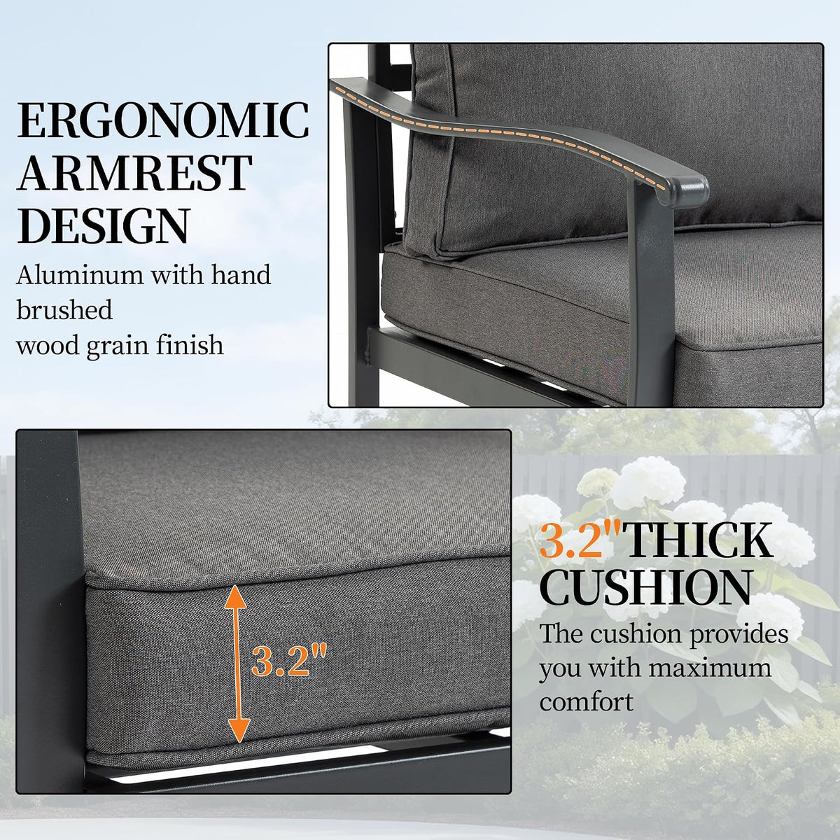 Outdoor Patio Furniture Set, 1 PCS 3-Seat, All-Weather Metal Modern Outside Sofa with Washable Thick Cushion for Garden/Backyard/Porch, Grey