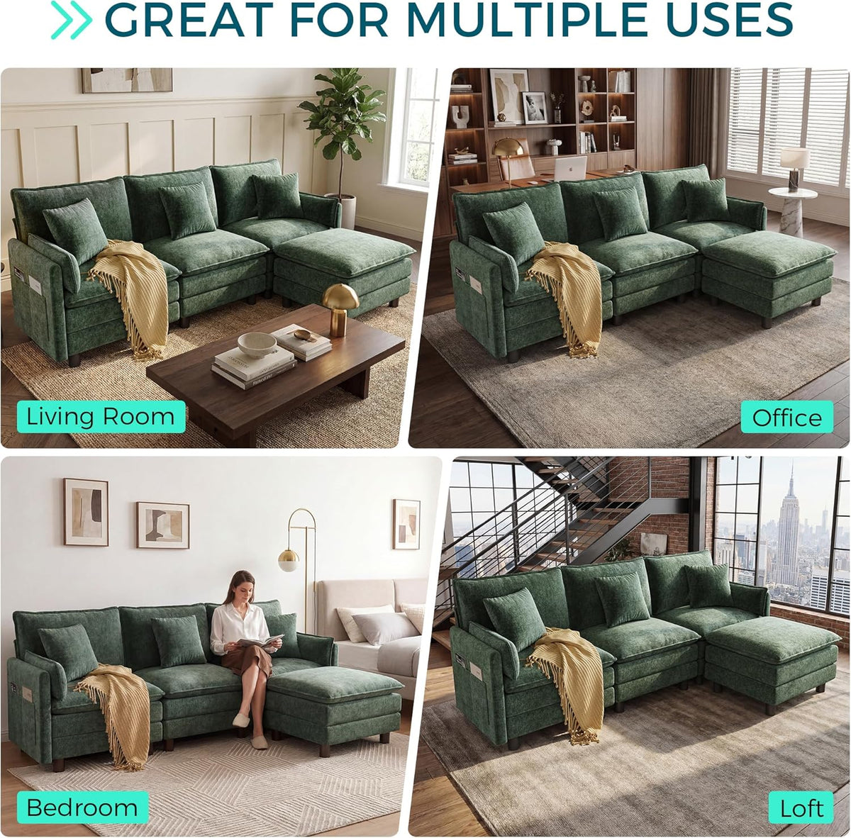 LINSY HOME 98'' Modular Sectional Sofa 3 Seat Couch Chenille Cloud Couch with Deep Seat, L Shaped Couch with 1 Movable Ottoman for Living Room, Office, Bedroom, Green(Pillows Included)