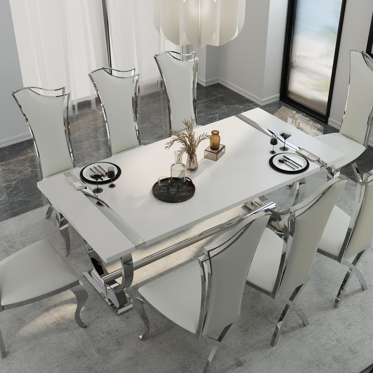 BQueen 78 inch White and Silver Dining Table for 4-8, Luxury Modern White Large Kitchen Table with Chrome Stainless Steel U-Base for Dining Room Kitchen Apartment