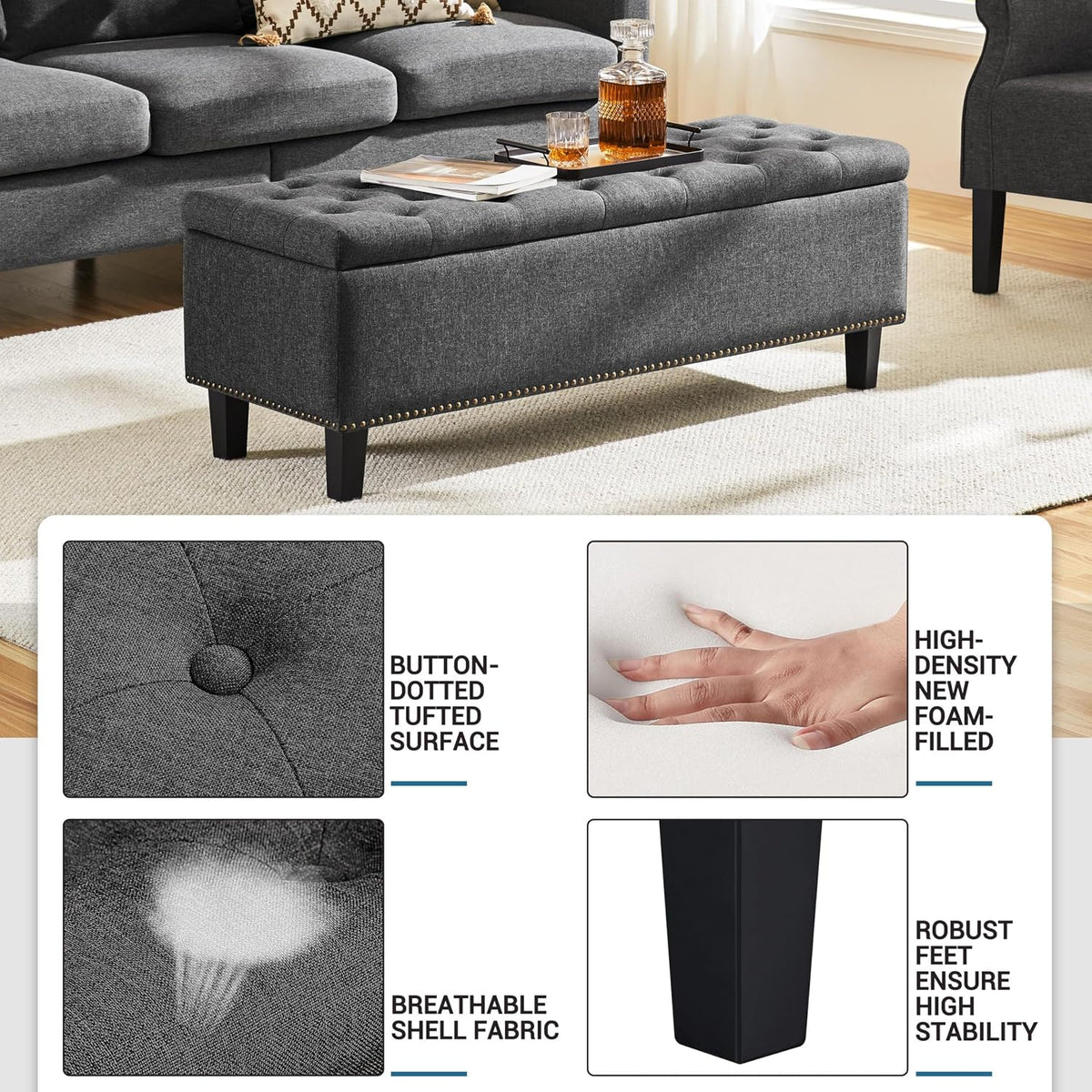 Yaheetech 49in Square Storage Ottoman Coffee Table with Nailhead, Dark Gray | Button-Tufted Linen-Look Fabric Bench, 3.5C Storage Space, Wood Legs, Metal Hinges, for Bedroom Foot of Bed Living Room
